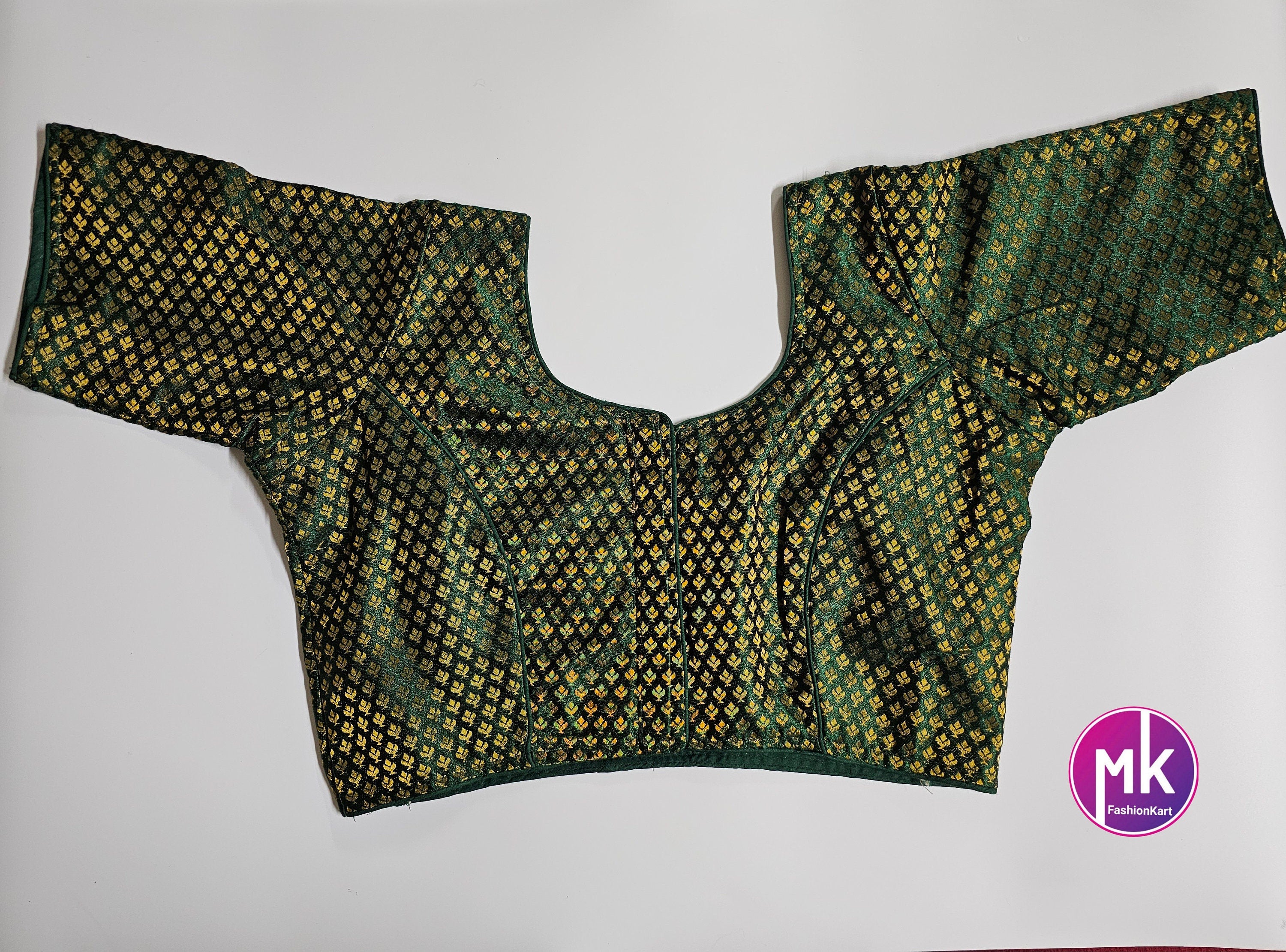 Readymade Saree Blouse - Green Color with golden design Blouse - Princess cut Blouse - Size 38" (Upto 40")