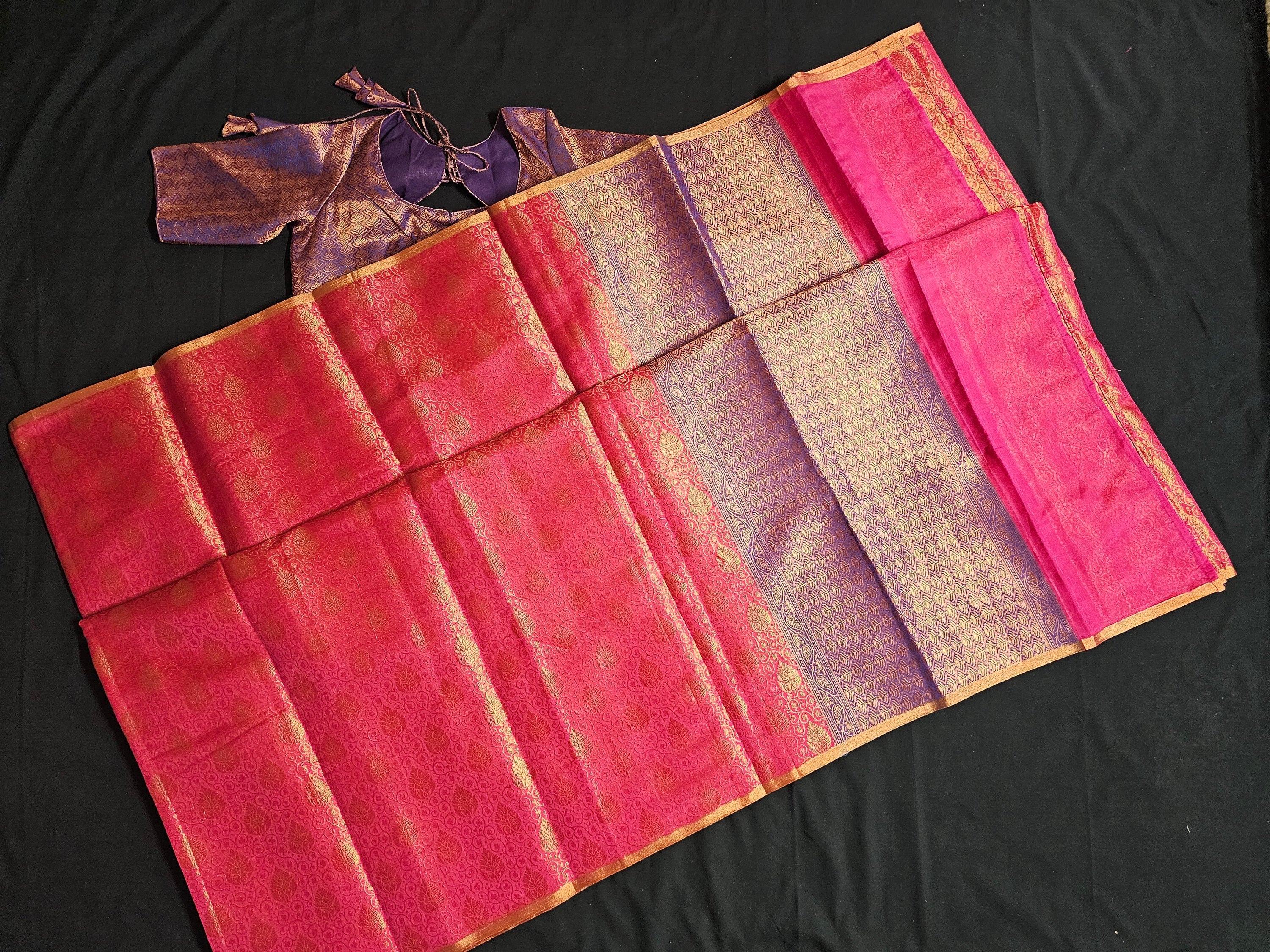 Nayana Brocade Silk Pink Purple Saree with Purple stitched blouse - Blouse size 38 (Upto 40)