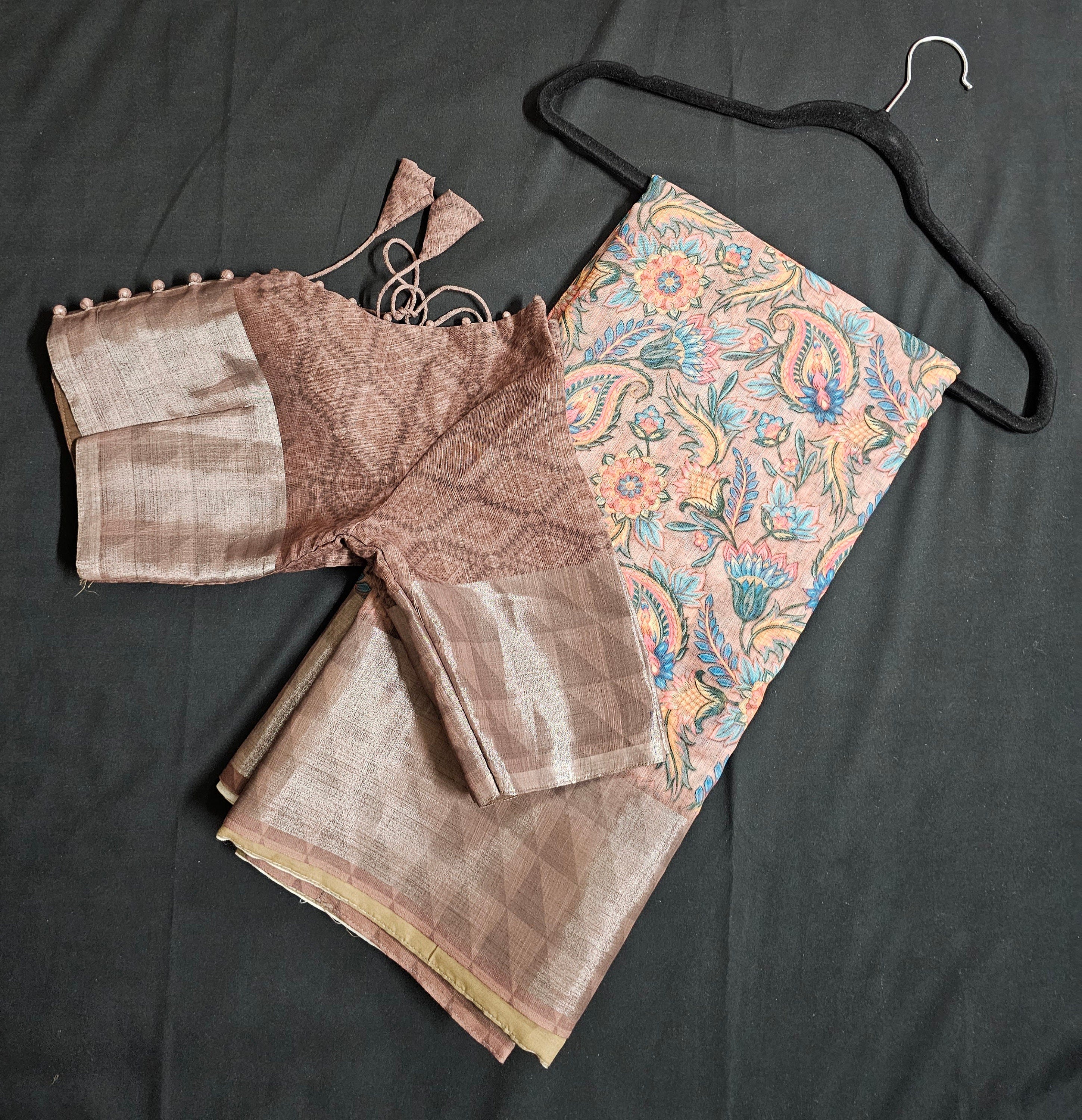 Yashika Printed Linen Saree with Multicolor Print - Saree  with stitched blouse - Blouse size 38 (Upto 40)