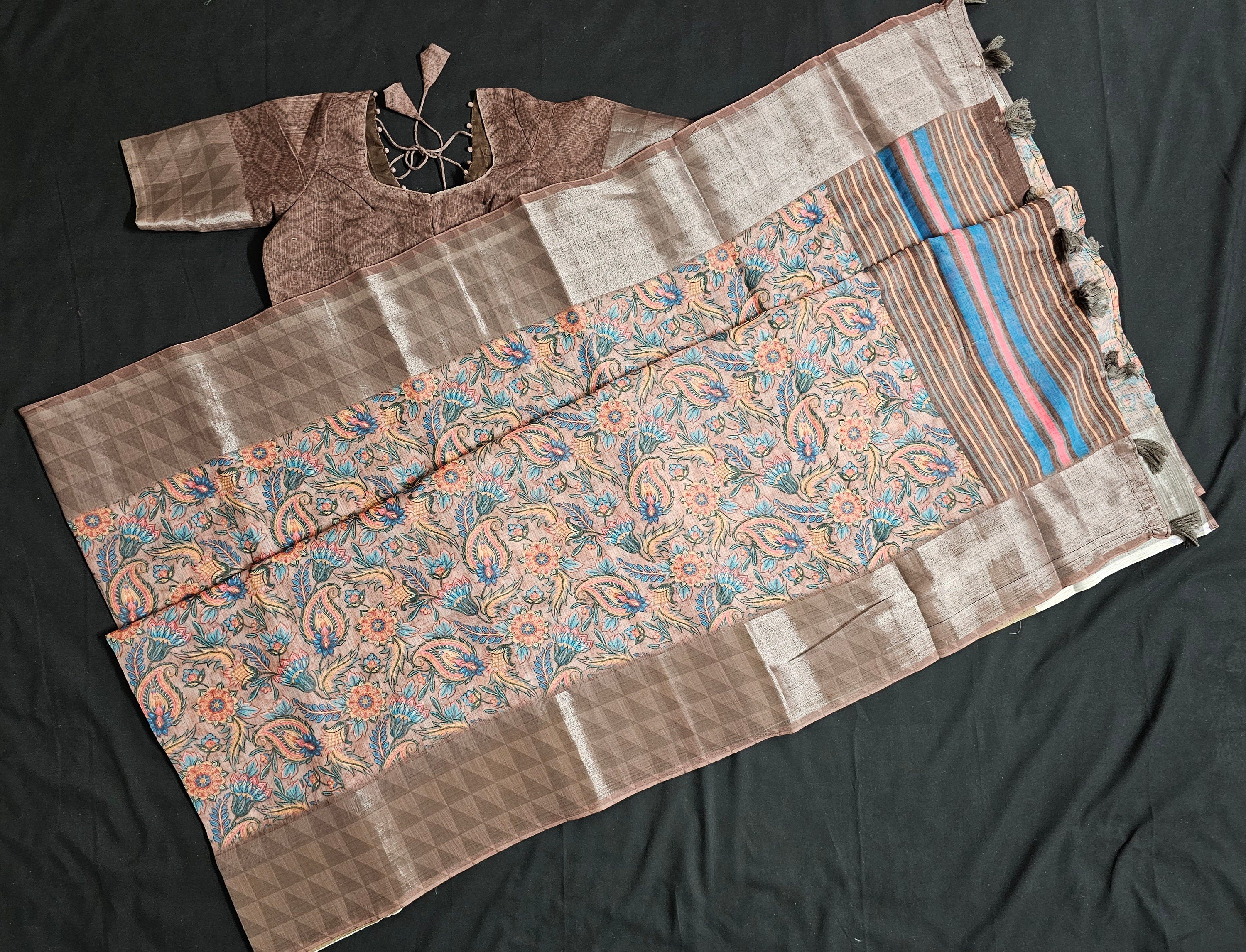 Yashika Printed Linen Saree with Multicolor Print - Saree  with stitched blouse - Blouse size 38 (Upto 40)