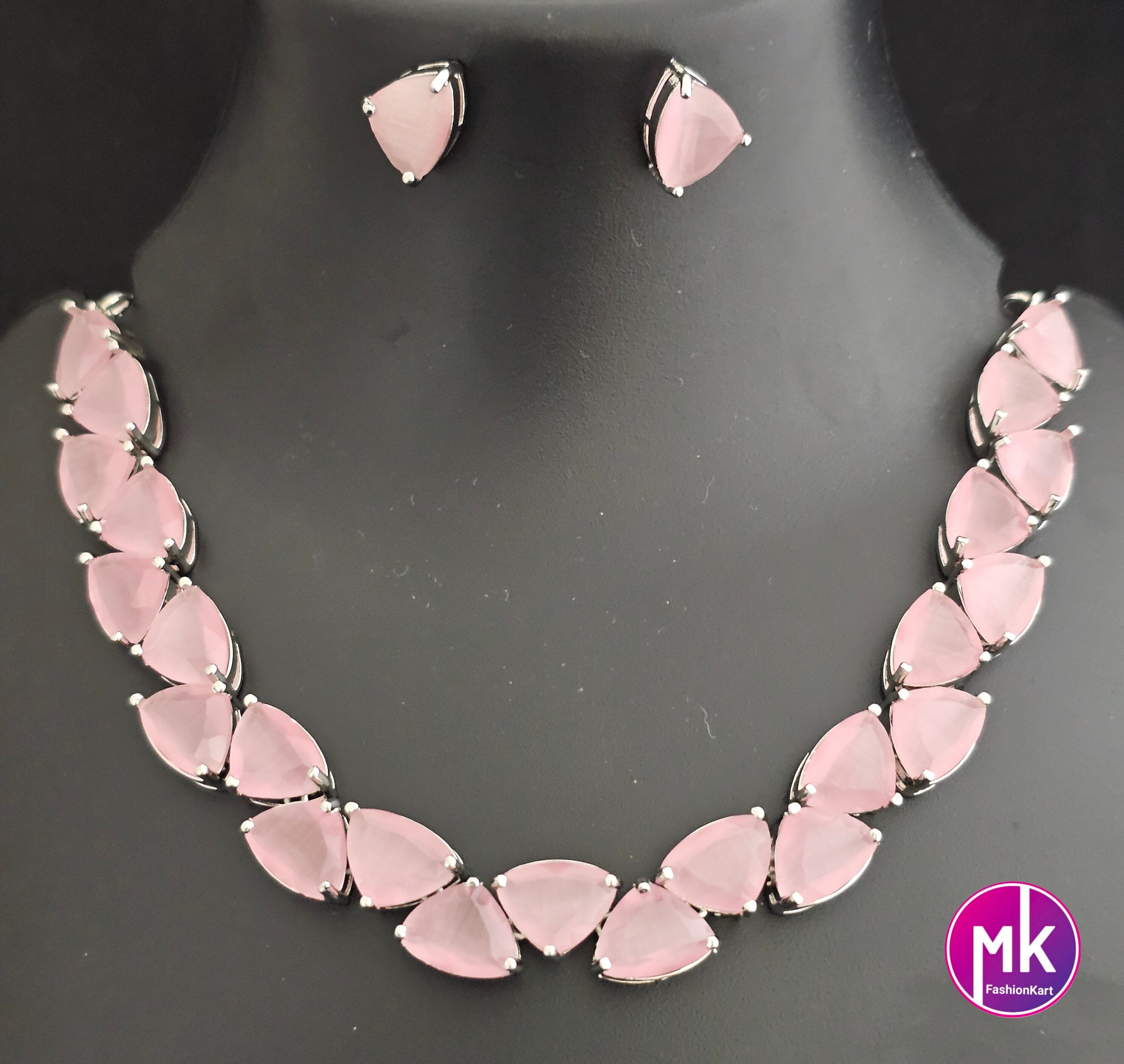 American Diamond Silver Finish AD Stone Baby pink Necklace with Earrings - Prom Necklace -  Diamond Jewelry Replica