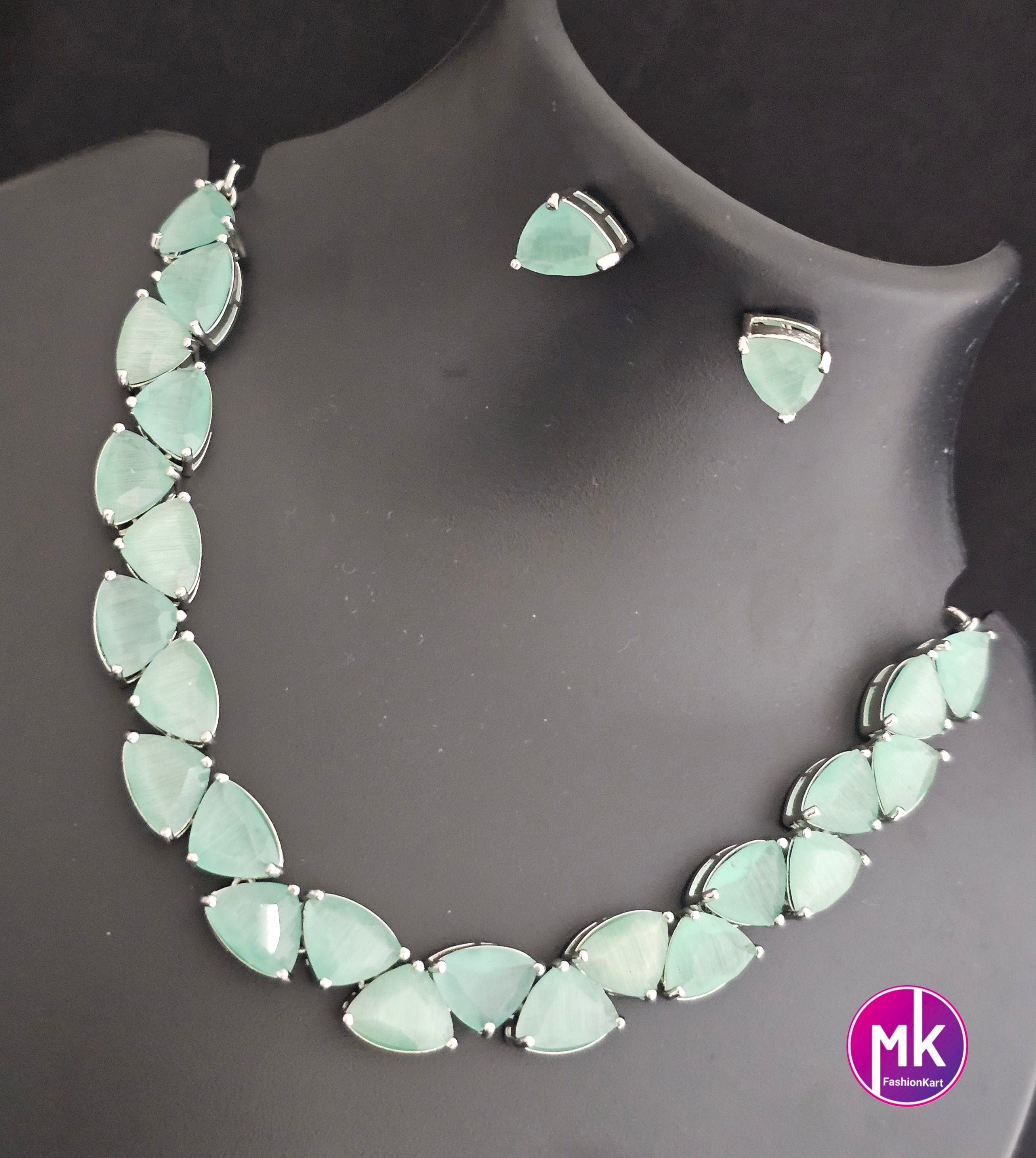 American Diamond Silver Finish AD Stone Teel Green Necklace with Earrings - Prom Necklace -  Diamond Jewelry Replica