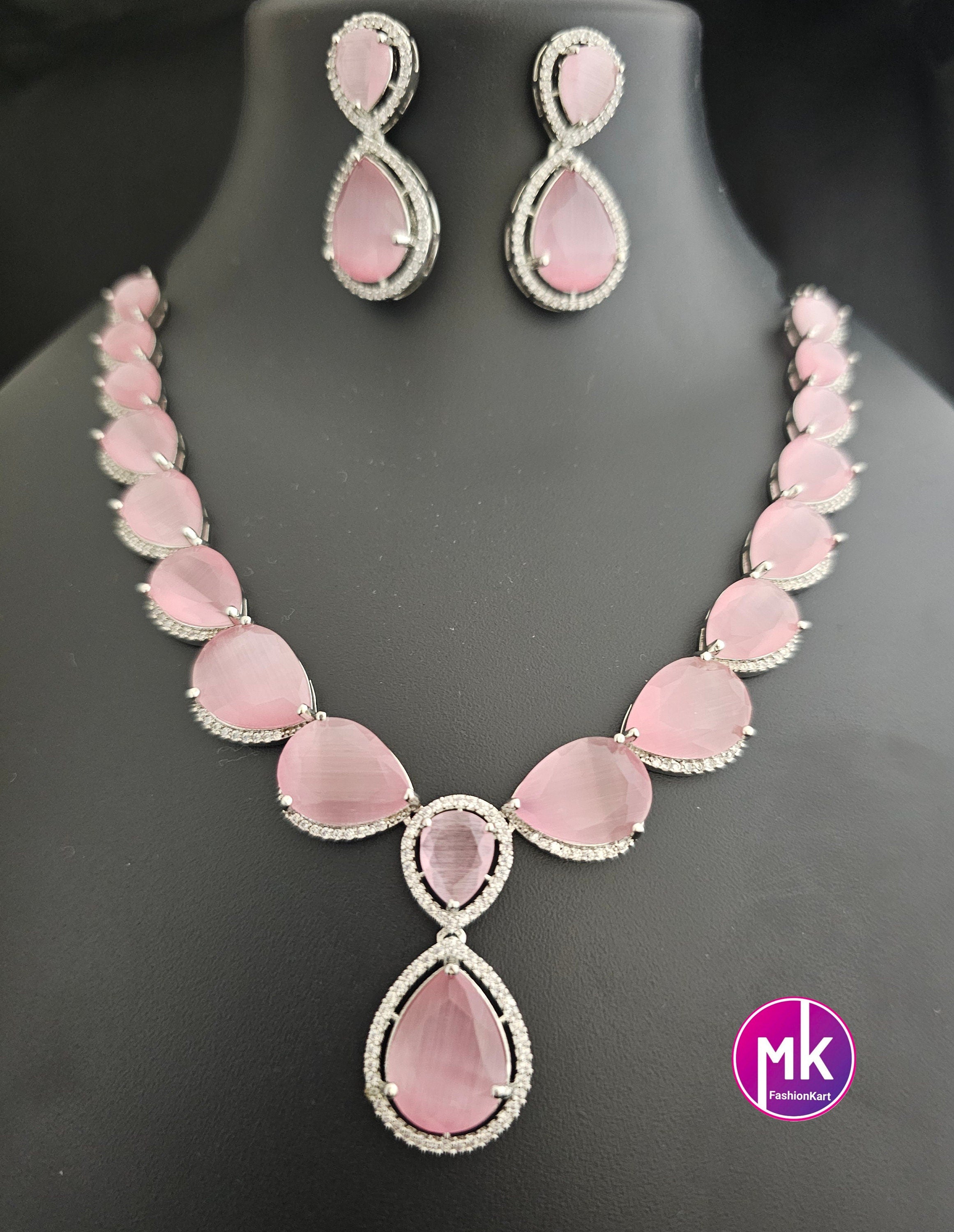 American Diamond Silver Finish AD Stone Baby pink Necklace with Earrings - Prom Necklace -  Diamond Jewelry Replica