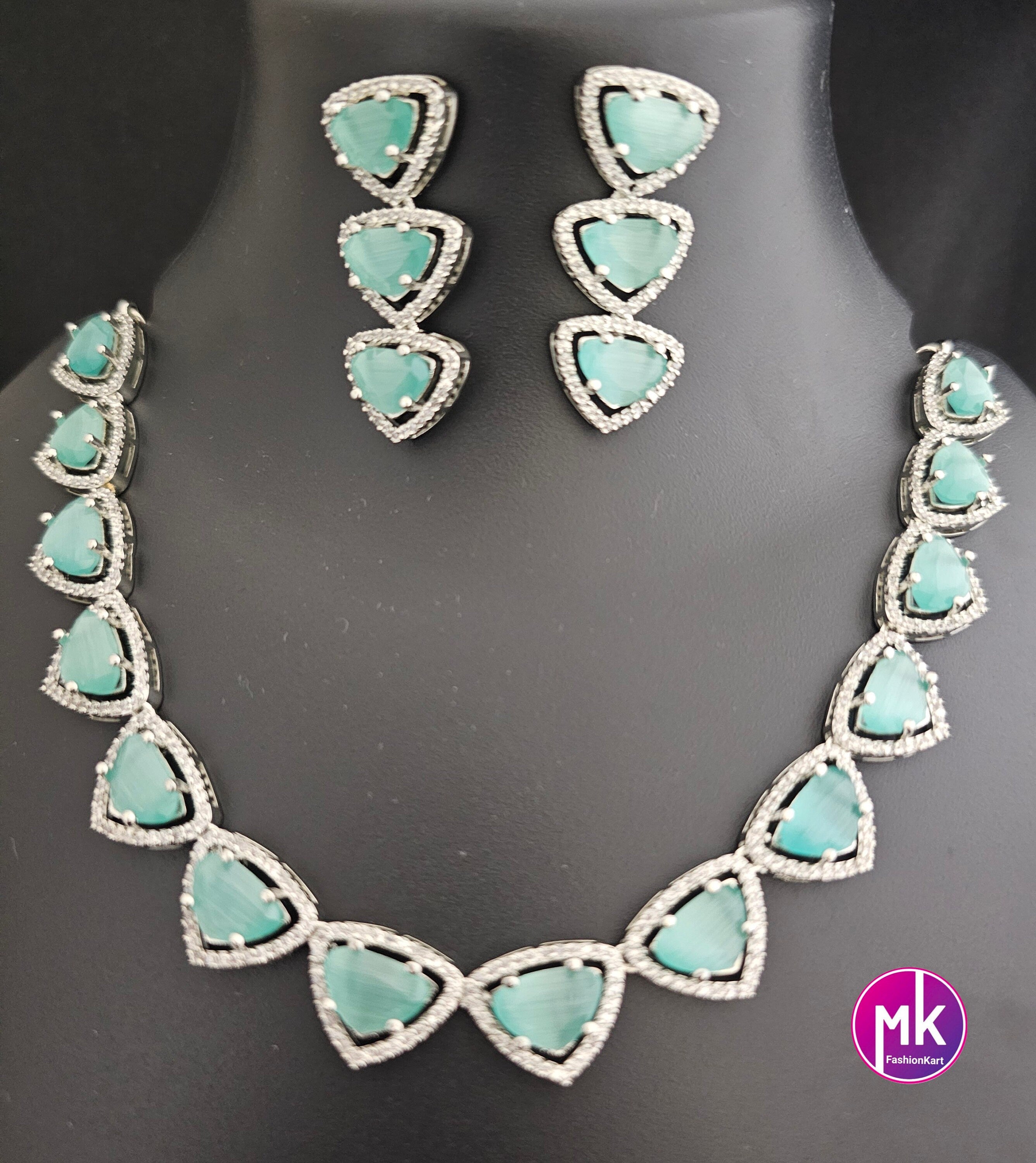 American Diamond Silver Finish AD Stone Teel Green Necklace with Earrings - Prom Necklace -  Diamond Jewelry Replica