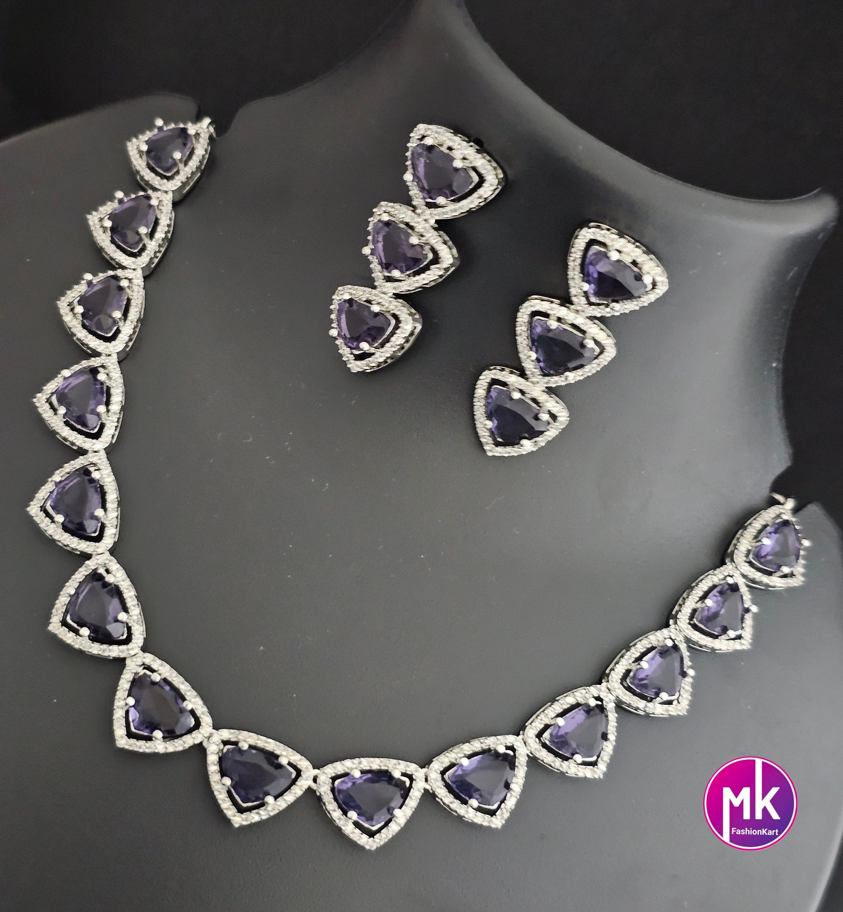 American Diamond Silver Finish AD Stone Purple Necklace with matching Earrings - Prom Necklace -  Diamond Jewelry Replica