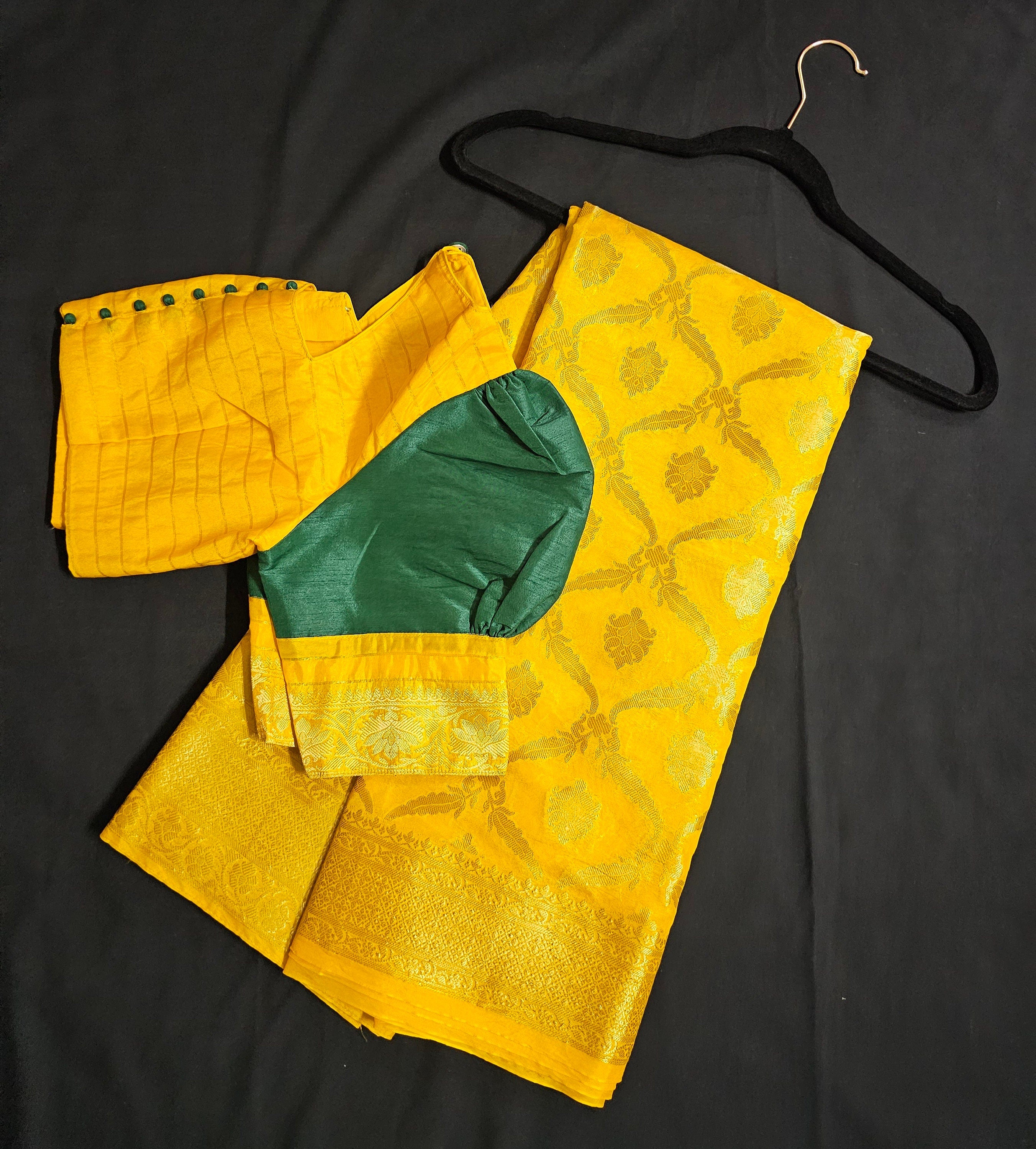 Avarna Banarasi Silk Yellow Saree with beautiful boutique stitched blouse  - Saree  with stitched blouse - Blouse size 38 (Upto 40)