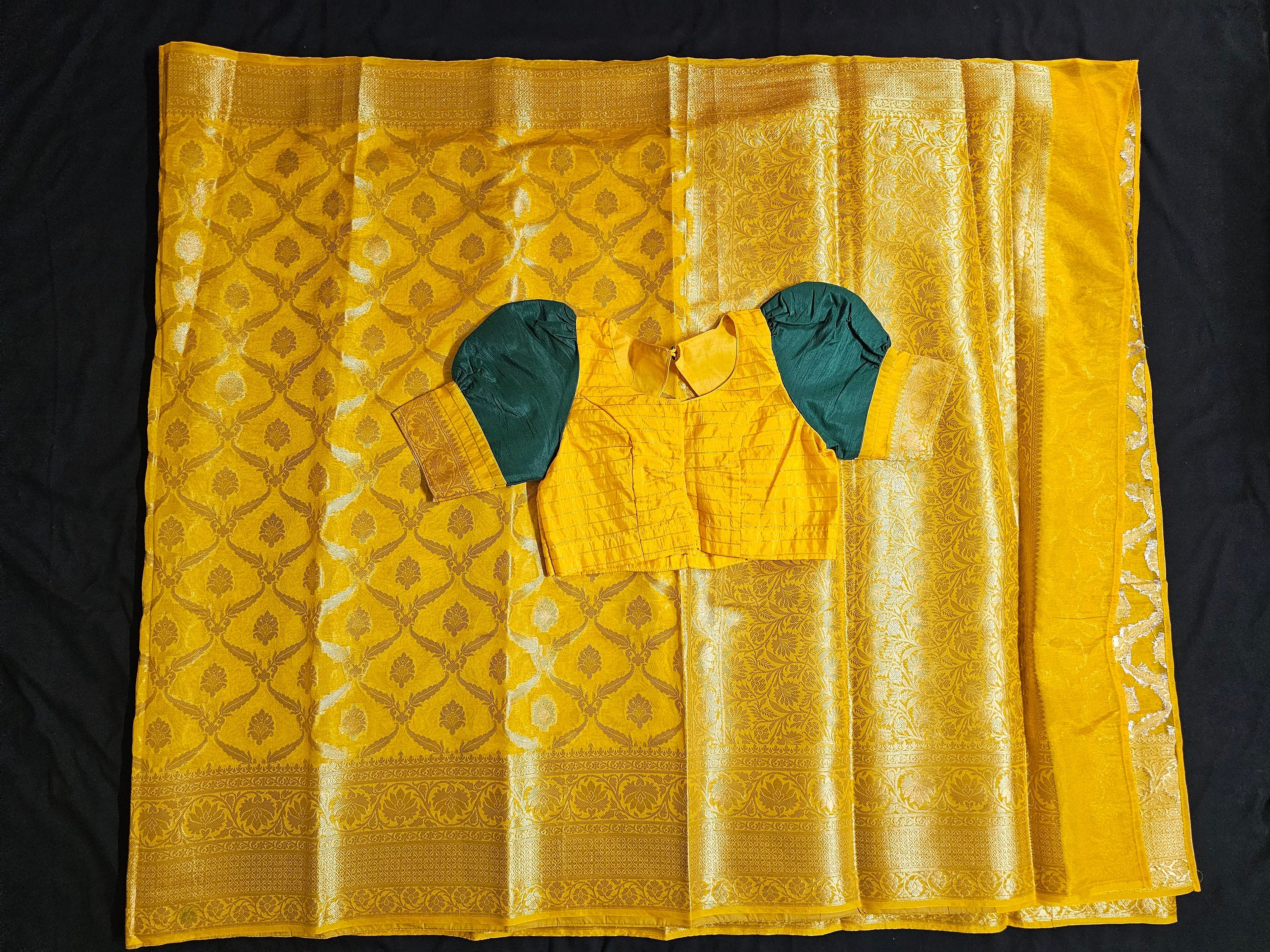 Avarna Banarasi Silk Yellow Saree with beautiful boutique stitched blouse  - Saree  with stitched blouse - Blouse size 38 (Upto 40)