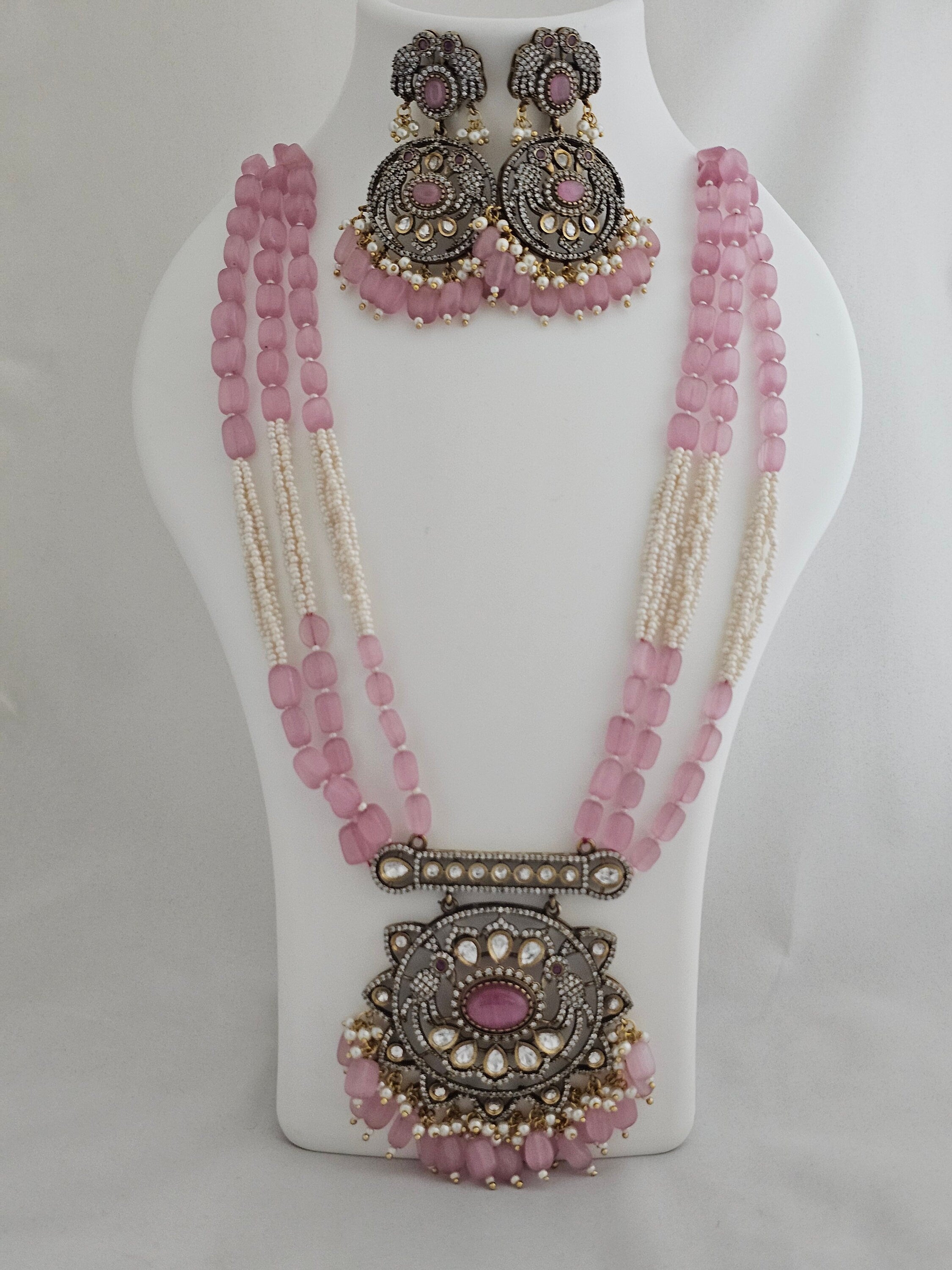Premium Quality Triple layer Victorian pendent with Monalisa bead long mala with Beautiful Victorian Earrings