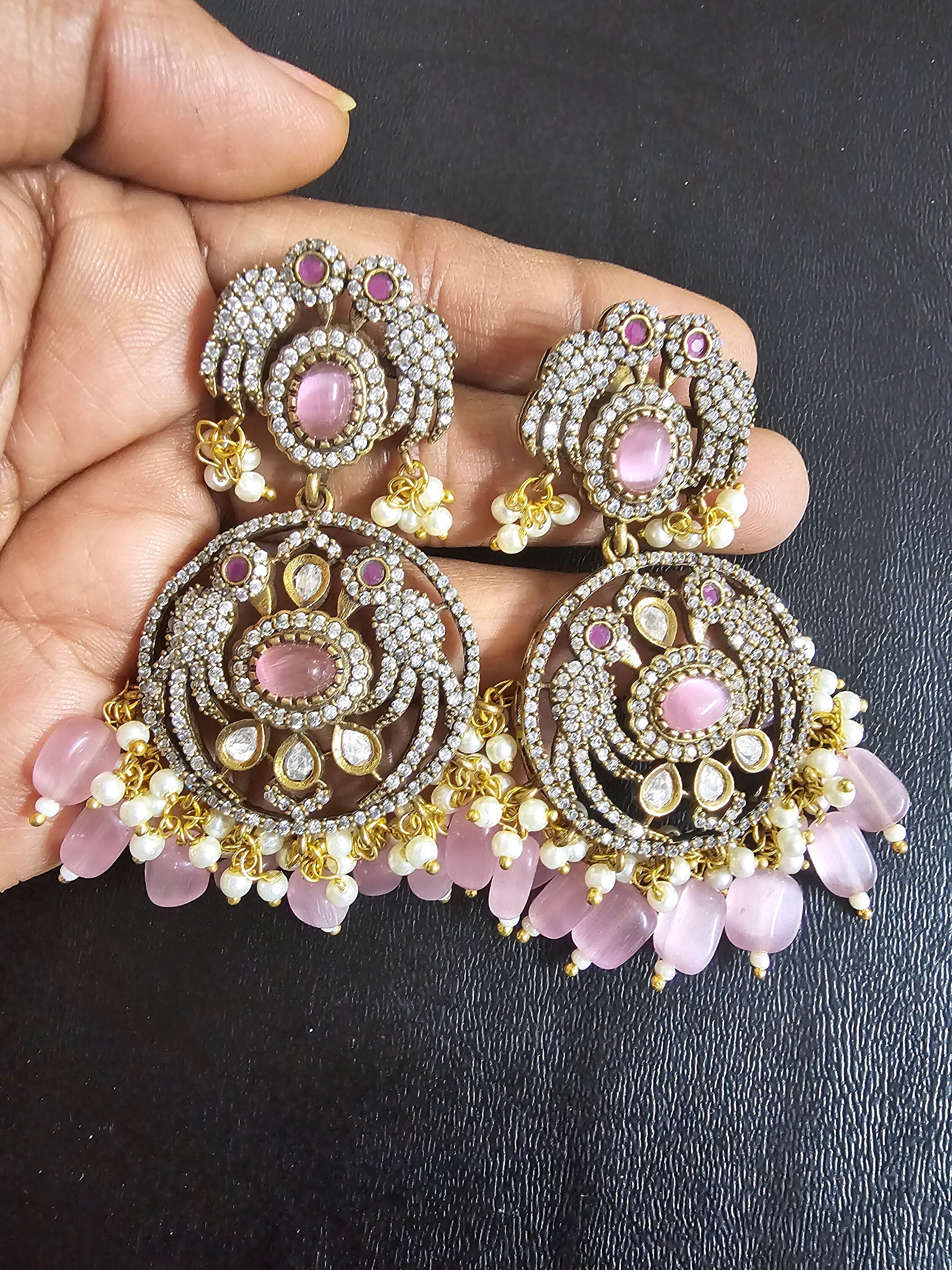 Premium Quality Triple layer Victorian pendent with Monalisa bead long mala with Beautiful Victorian Earrings