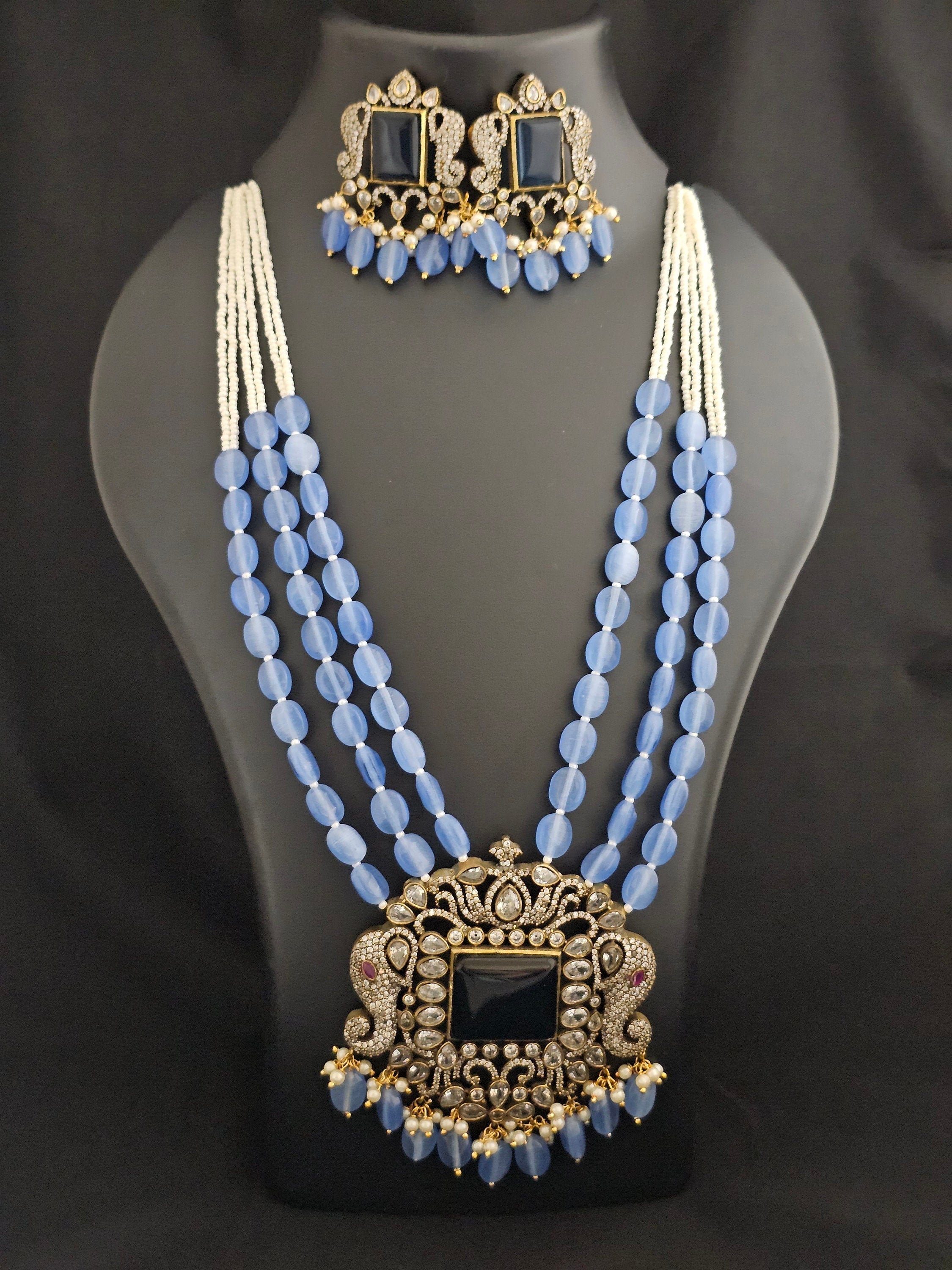 Premium Quality Triple layer Victorian pendent with Monalisa bead long mala with Beautiful Victorian Earrings