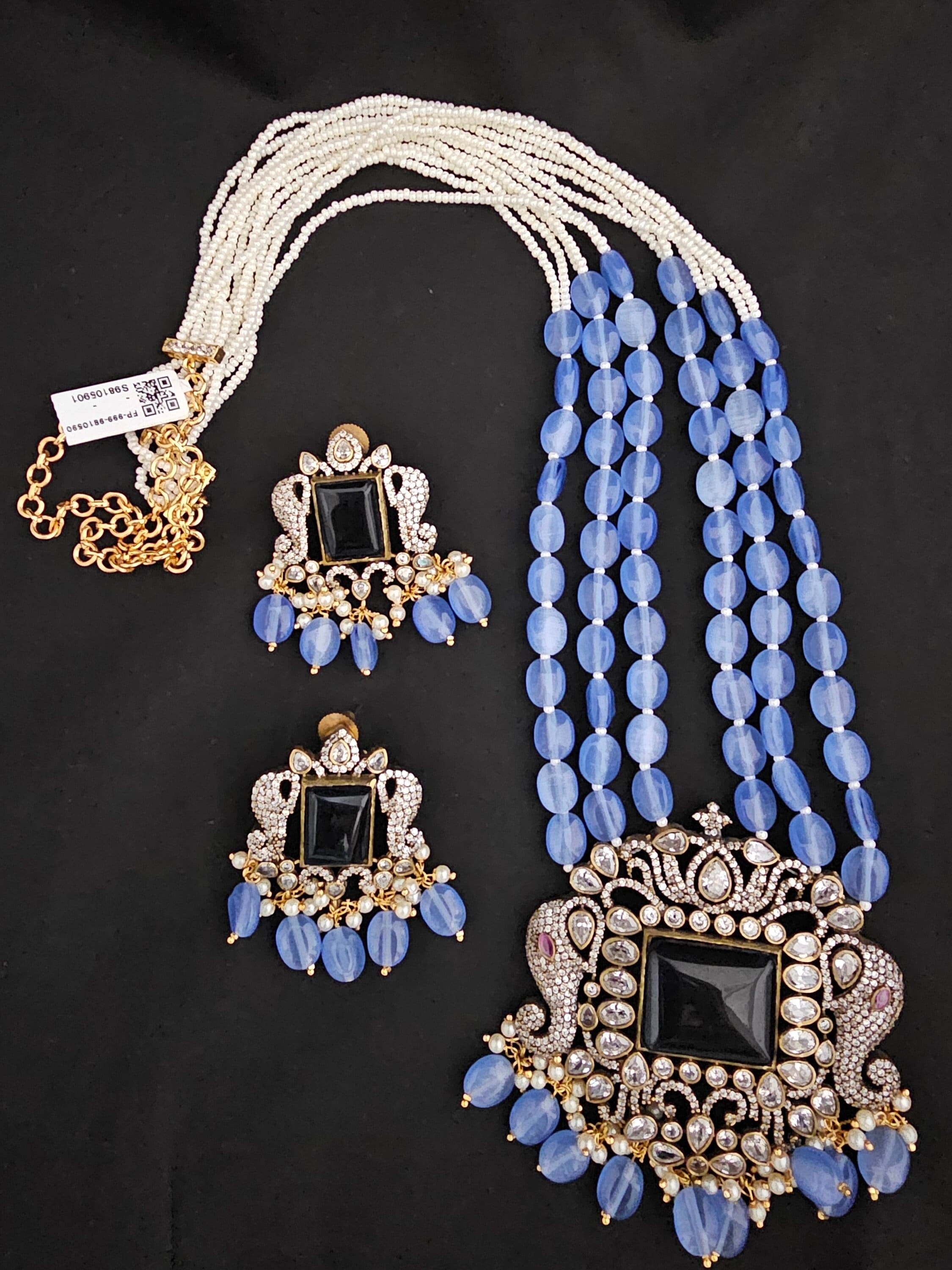 Premium Quality Triple layer Victorian pendent with Monalisa bead long mala with Beautiful Victorian Earrings