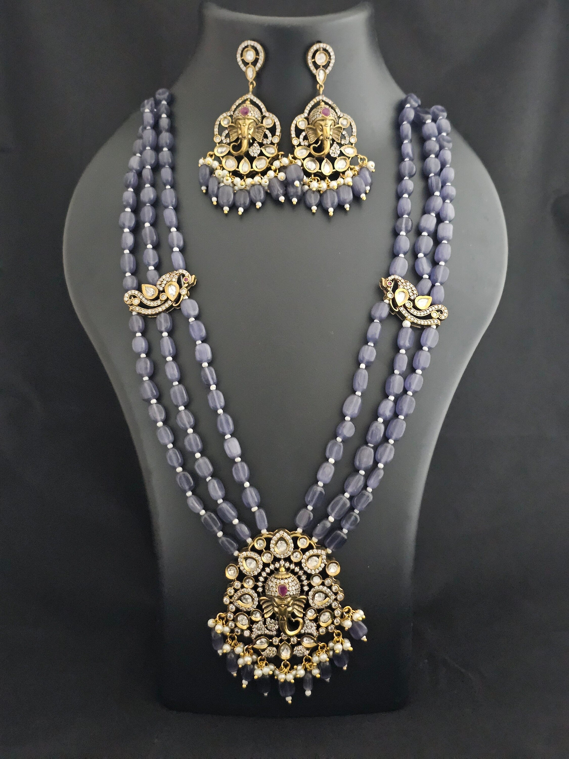 Ganesa Premium Quality Triple layer Victorian pendent with strawberry bead long mala with Beautiful Victorian Earrings