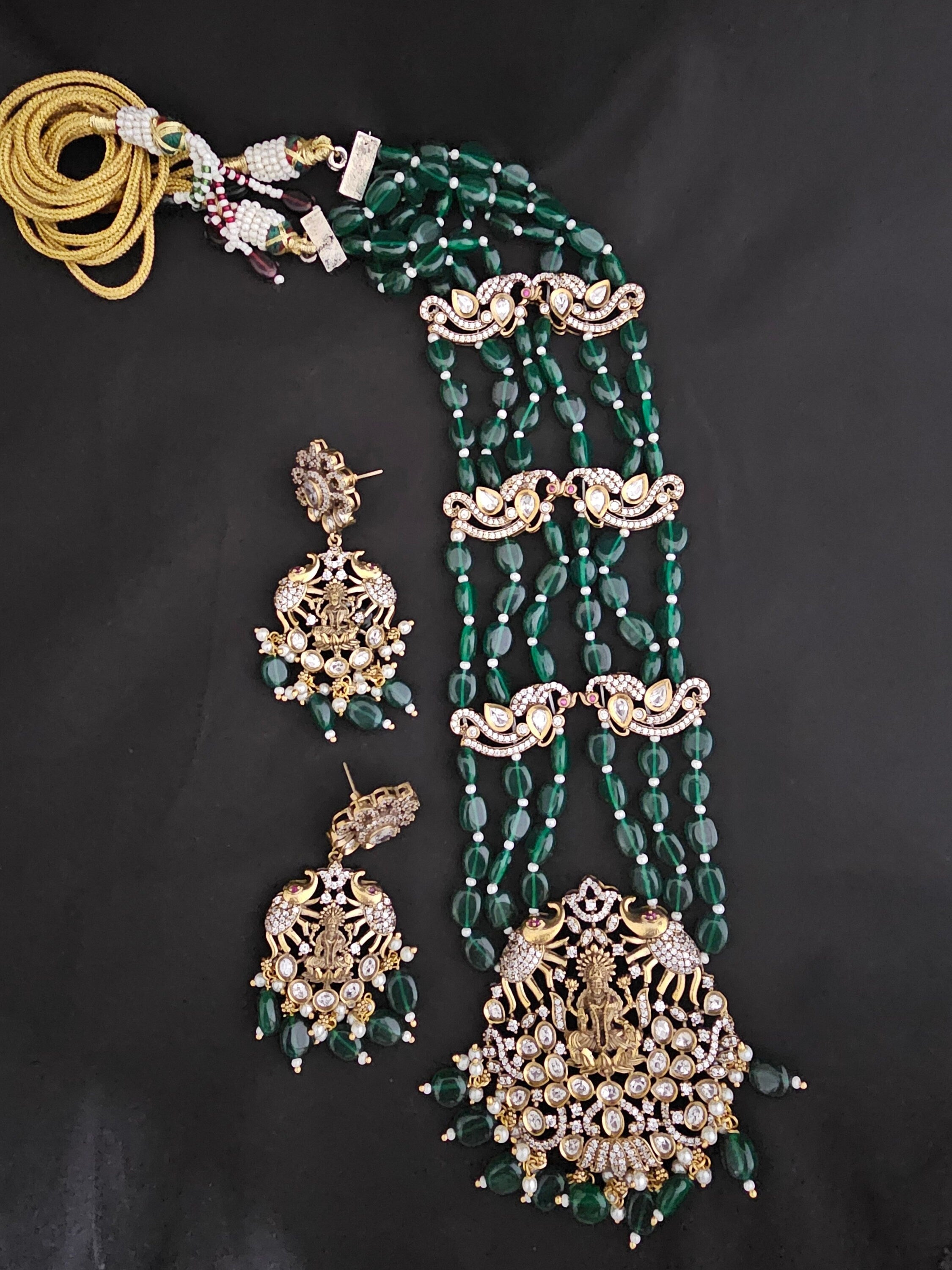 Lakshmi Premium Quality Triple layer Victorian pendent with strawberry bead long mala with Beautiful Victorian Earrings