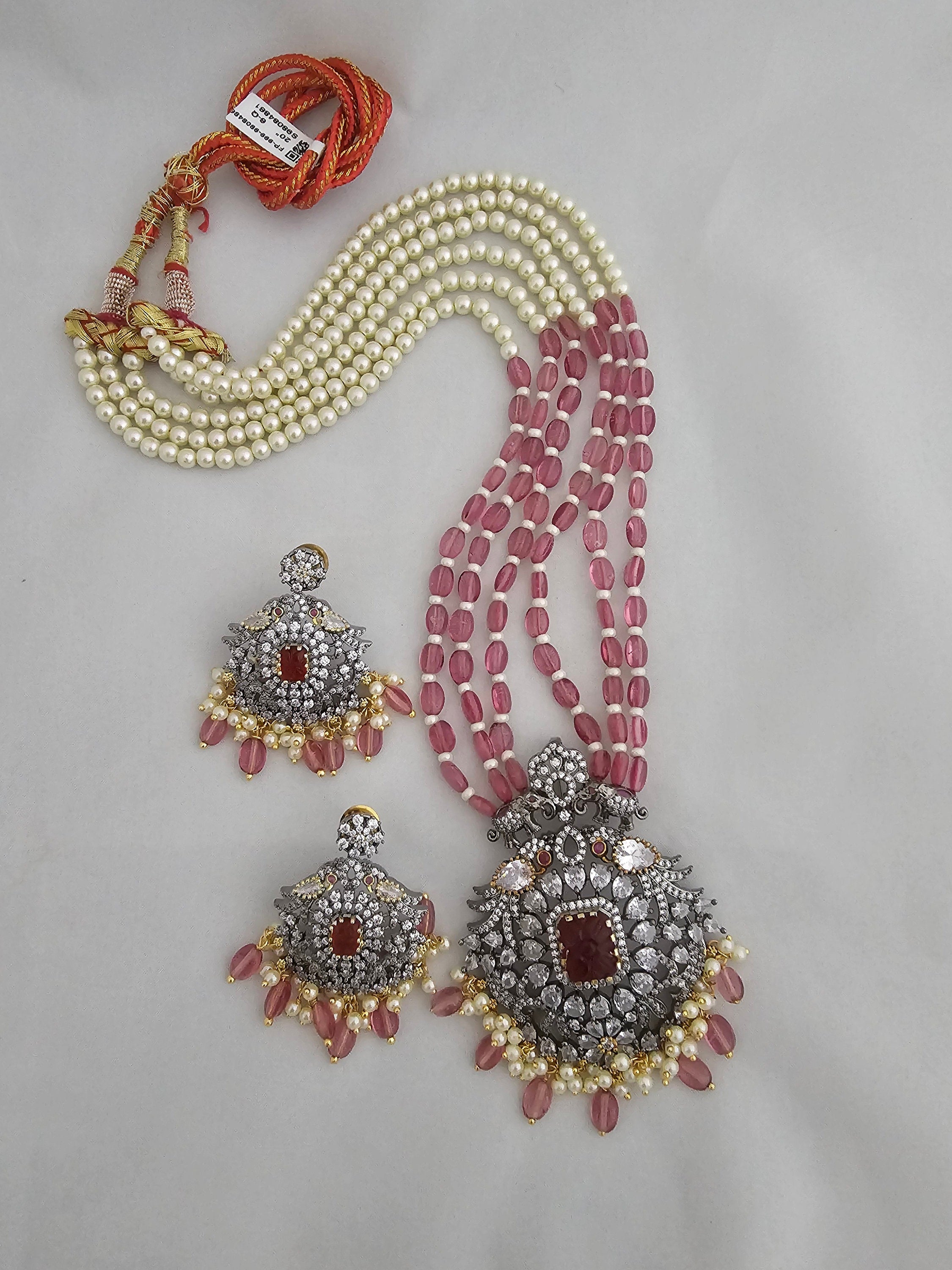 Premium Quality Triple layer Victorian pendent with strawberry bead long mala with Beautiful Victorian Earrings