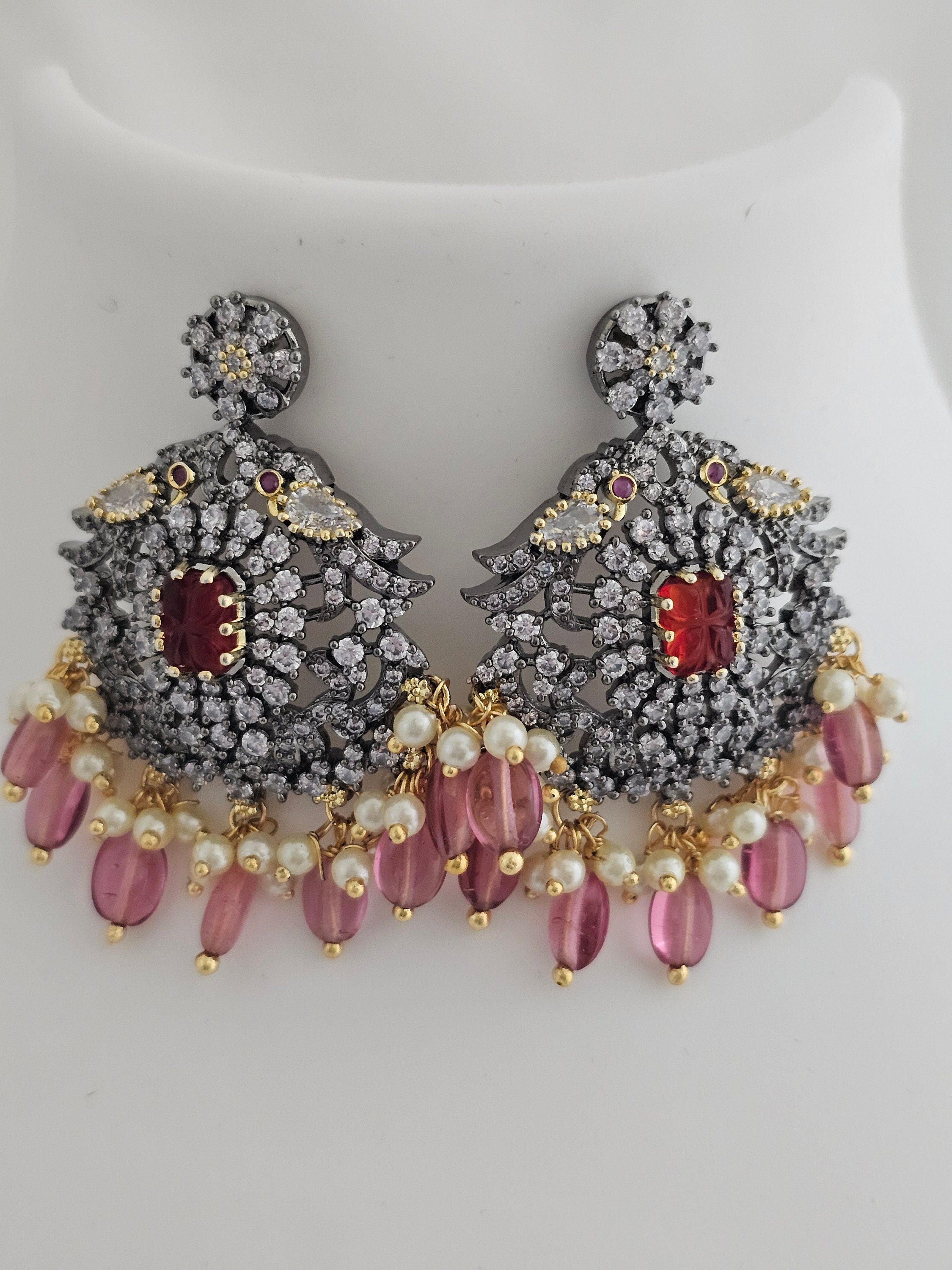 Premium Quality Triple layer Victorian pendent with strawberry bead long mala with Beautiful Victorian Earrings