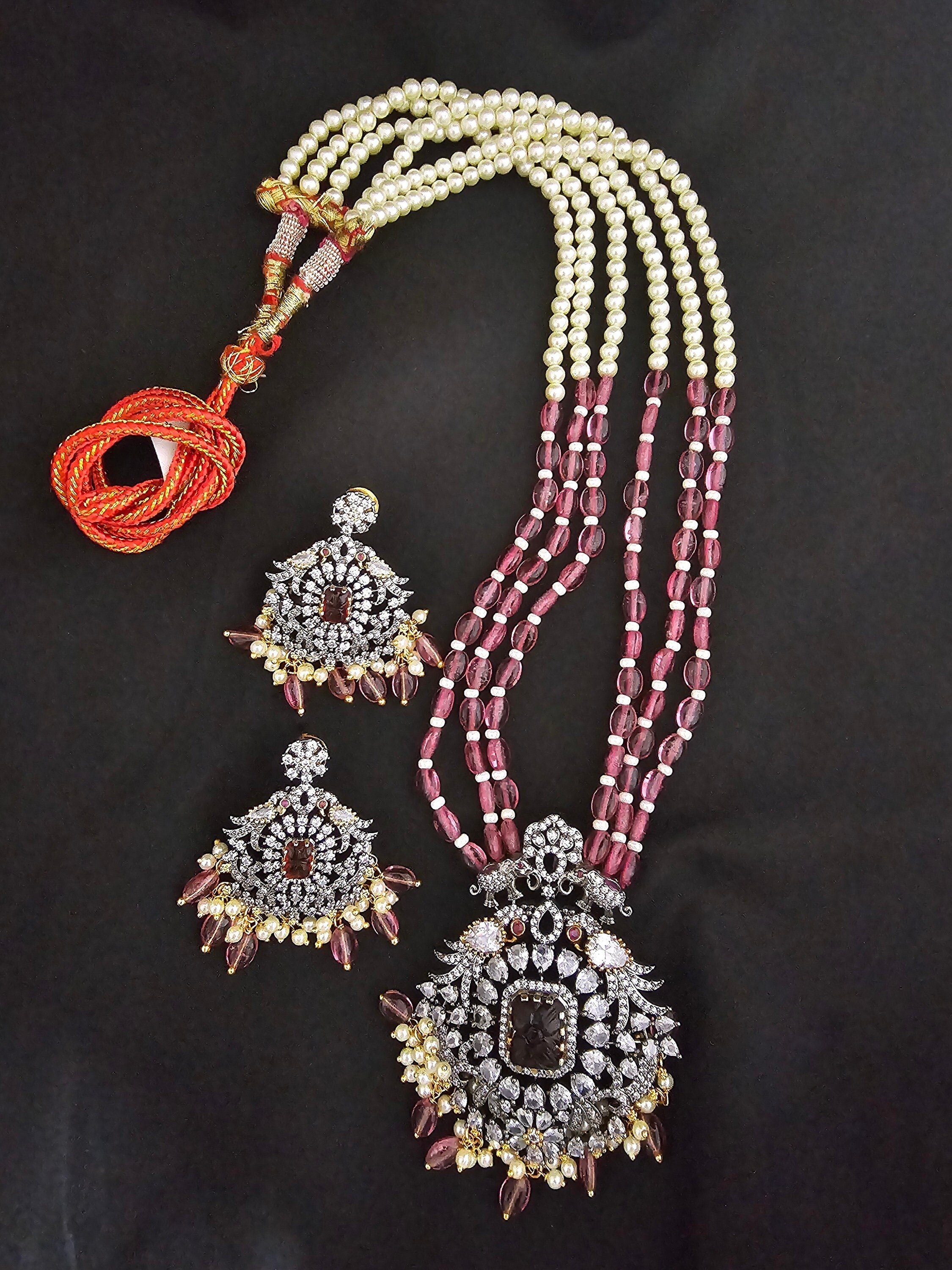 Premium Quality Triple layer Victorian pendent with strawberry bead long mala with Beautiful Victorian Earrings