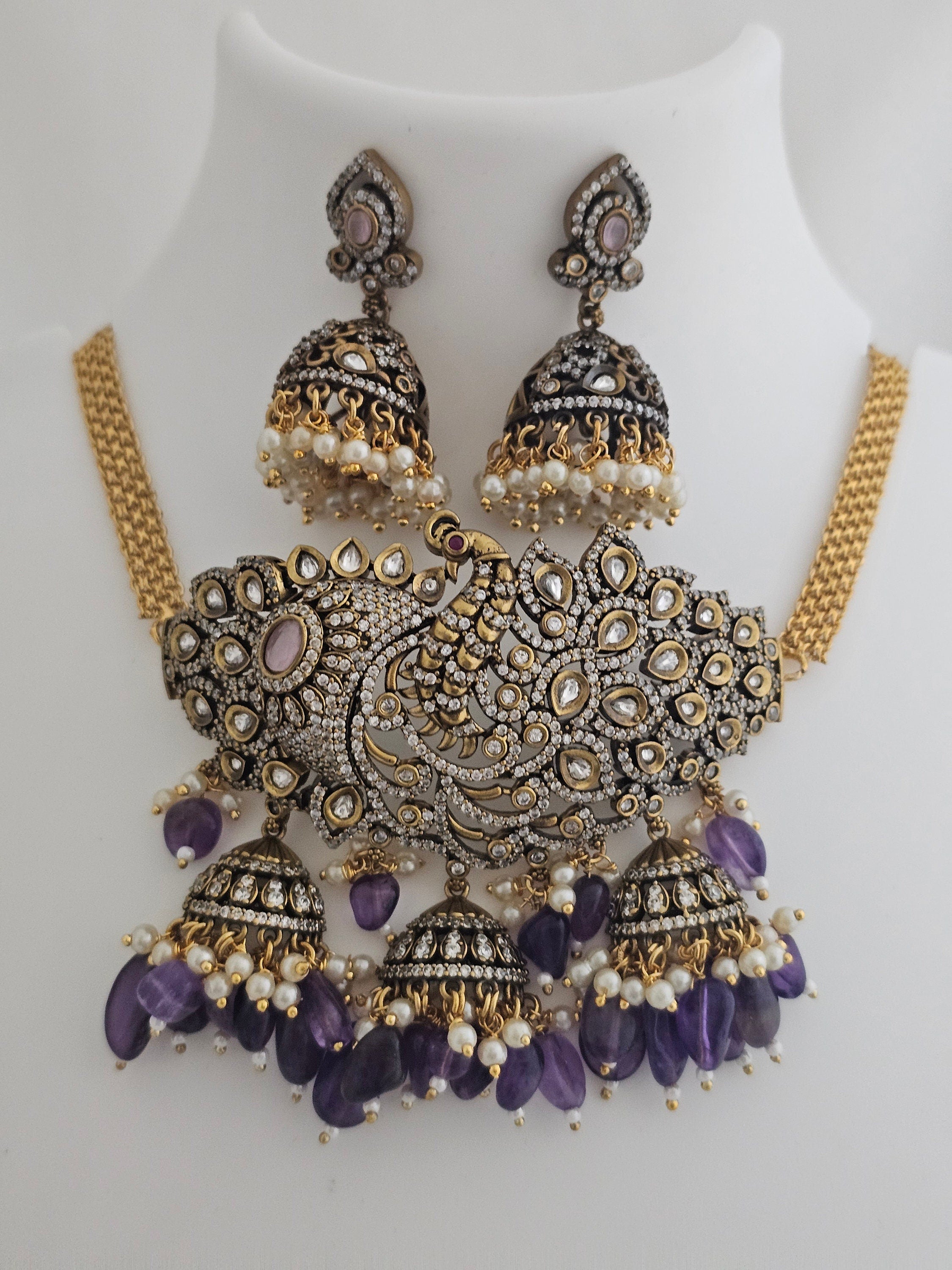 Peacock Premium Quality Gold polish Victorian Necklace with Beautiful Victorian matching Earrings