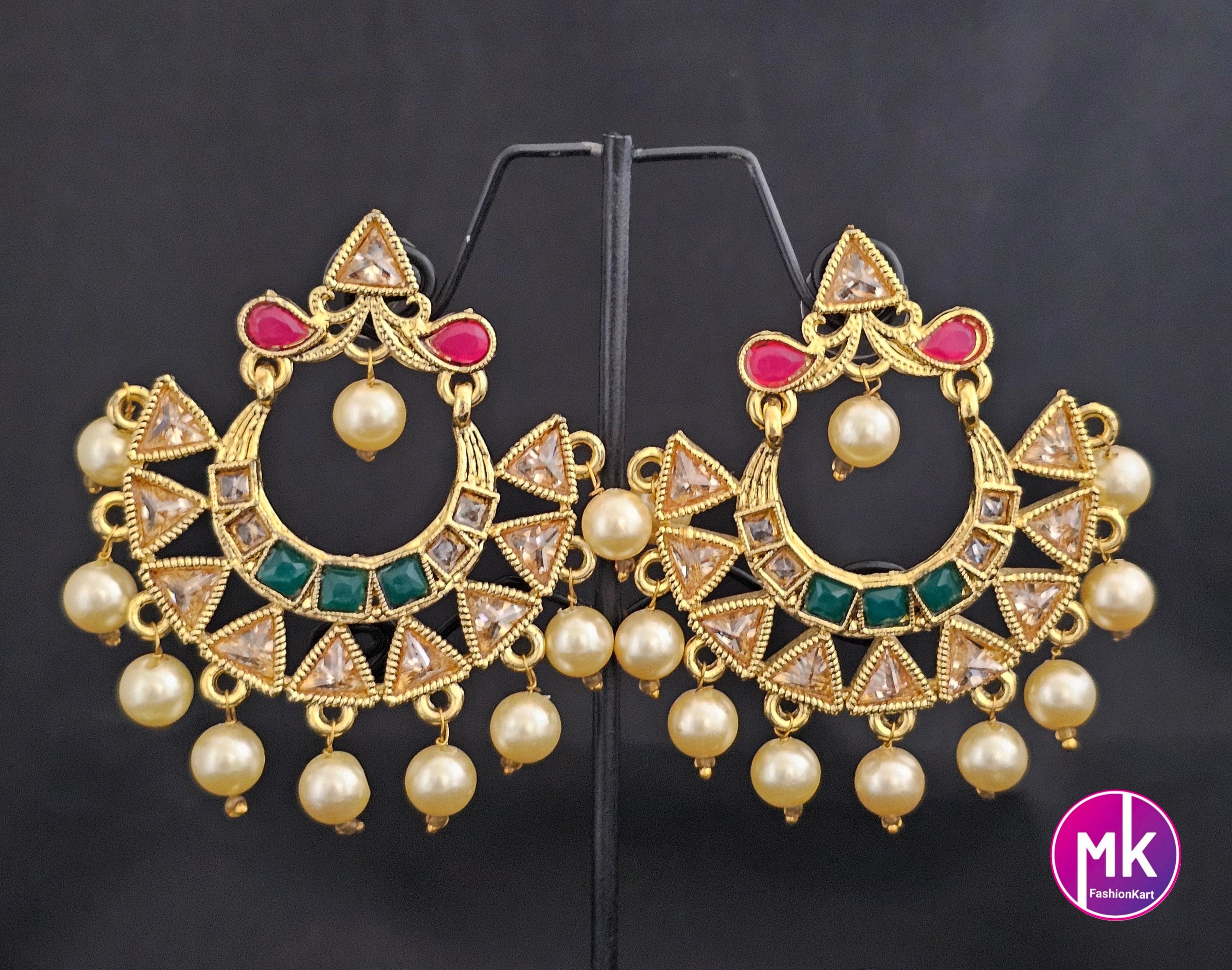 Premium Quality premium polish Gold finish Bollywood Big Chandbali with pearl hangings