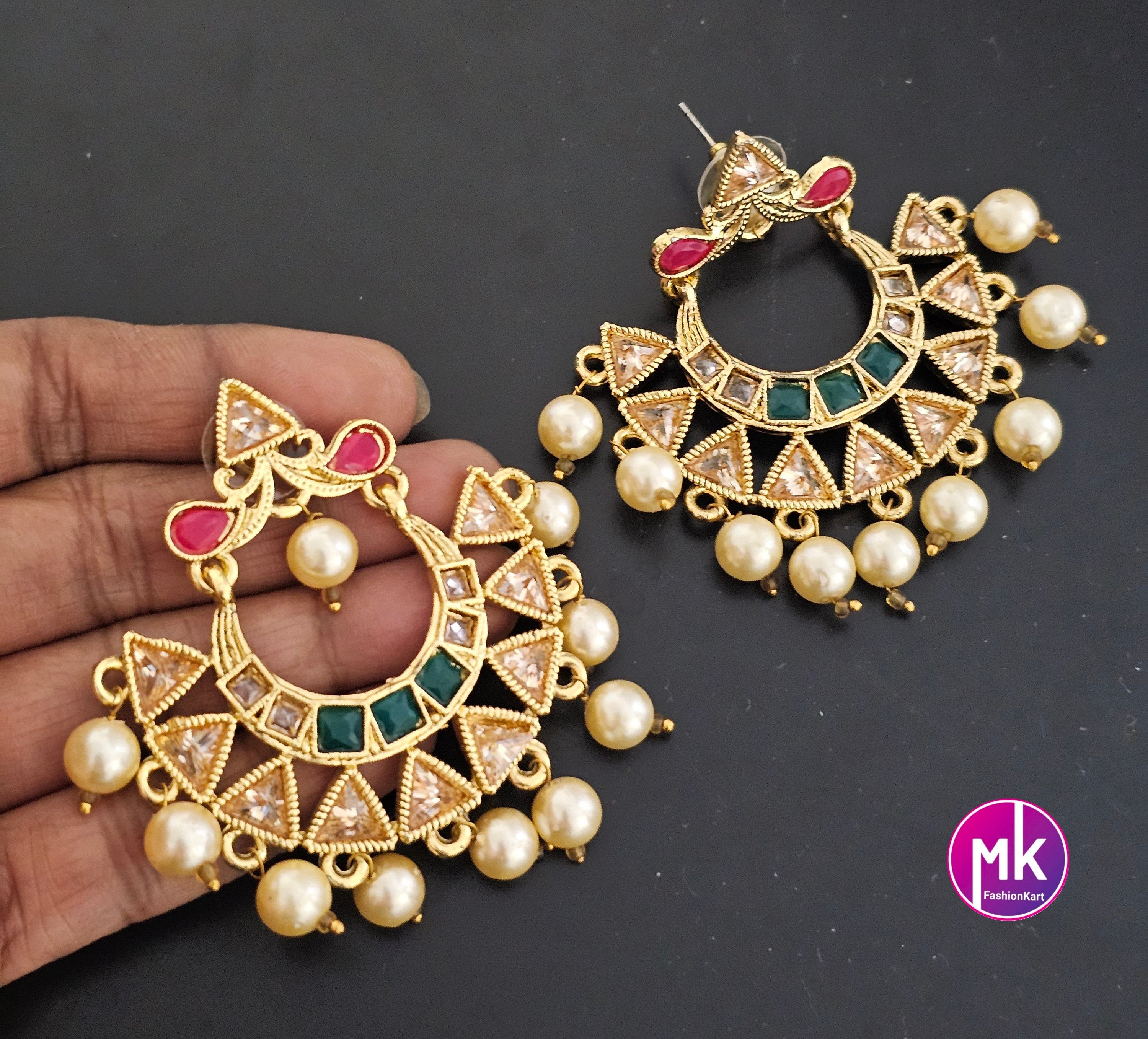 Premium Quality premium polish Gold finish Bollywood Big Chandbali with pearl hangings