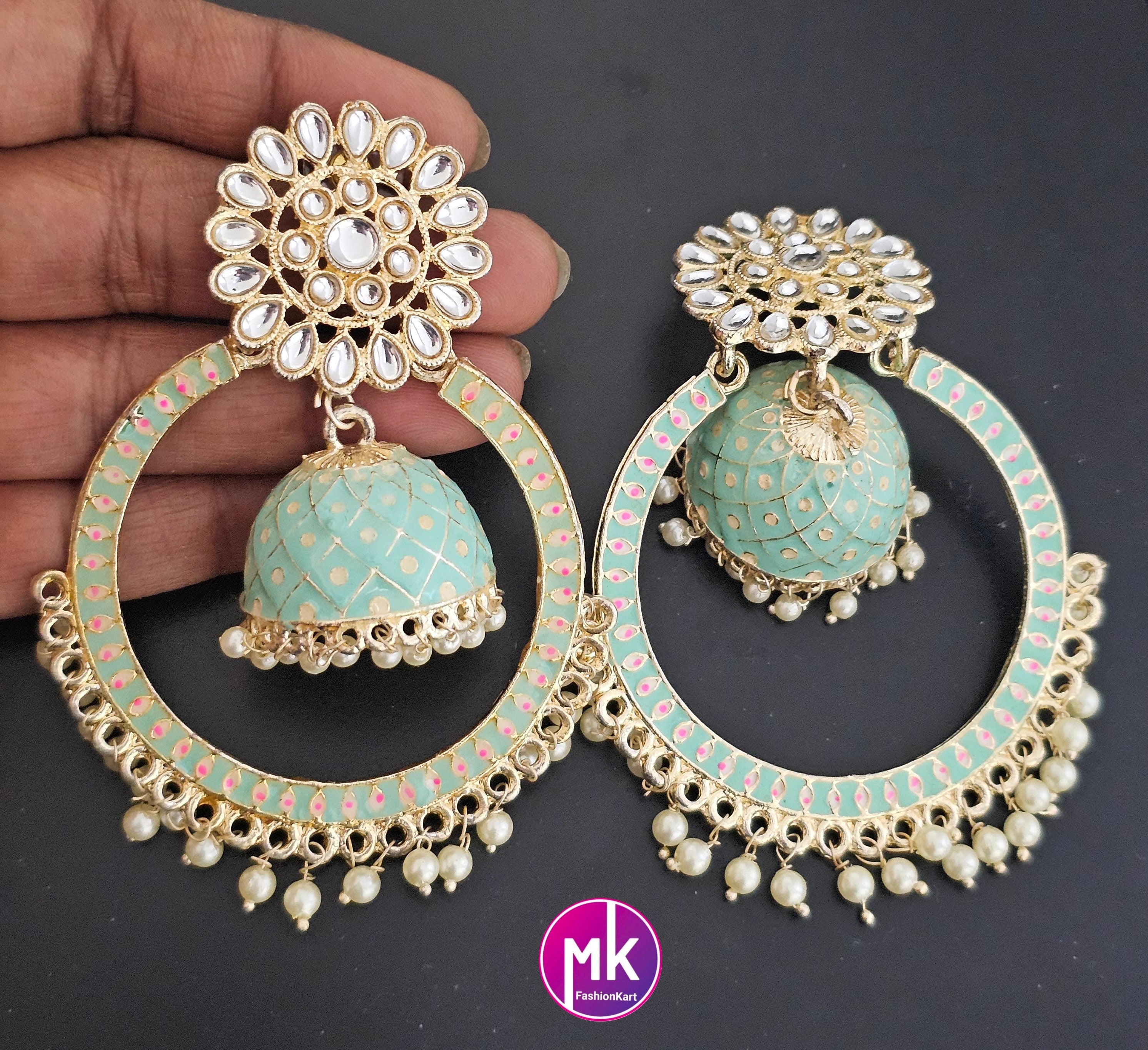 Premium quality Big Bollywood Meenakari Pearl Chandbali Earring with Jhumka with pearl hangings
