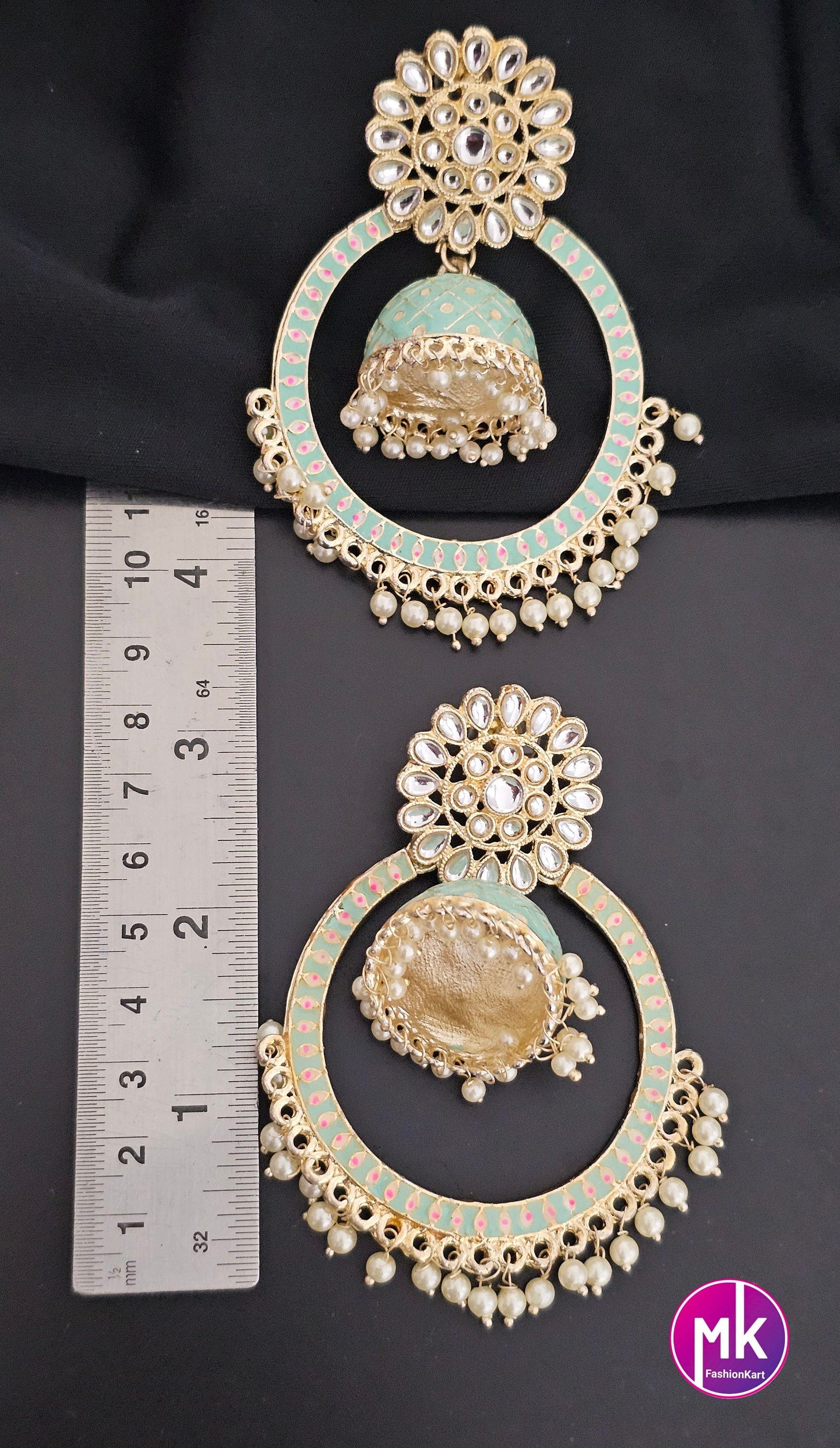 Premium quality Big Bollywood Meenakari Pearl Chandbali Earring with Jhumka with pearl hangings