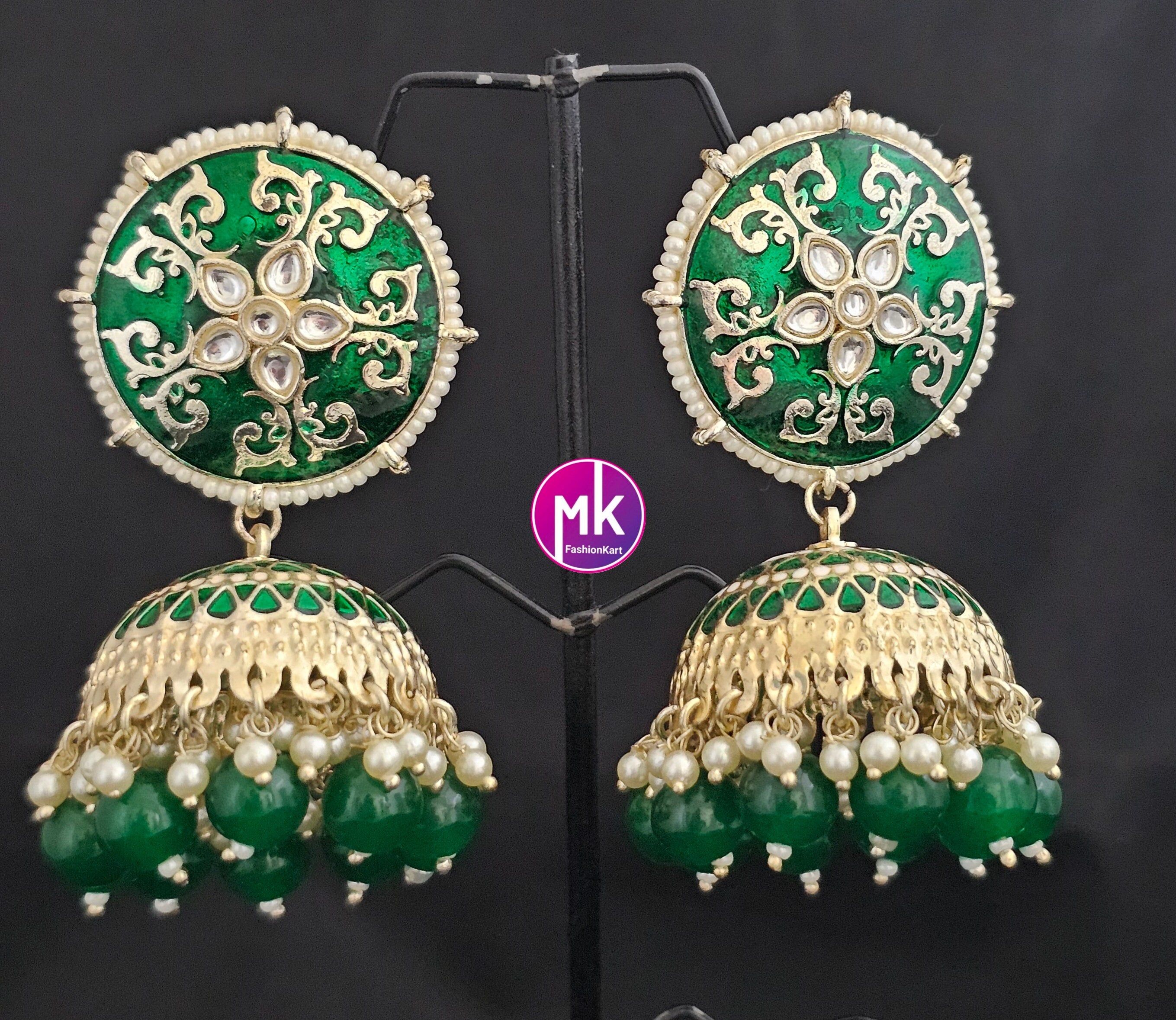 Bollywood Premium quality Big Meenakari piroyi Pearl big Jhumka with pearl hangings
