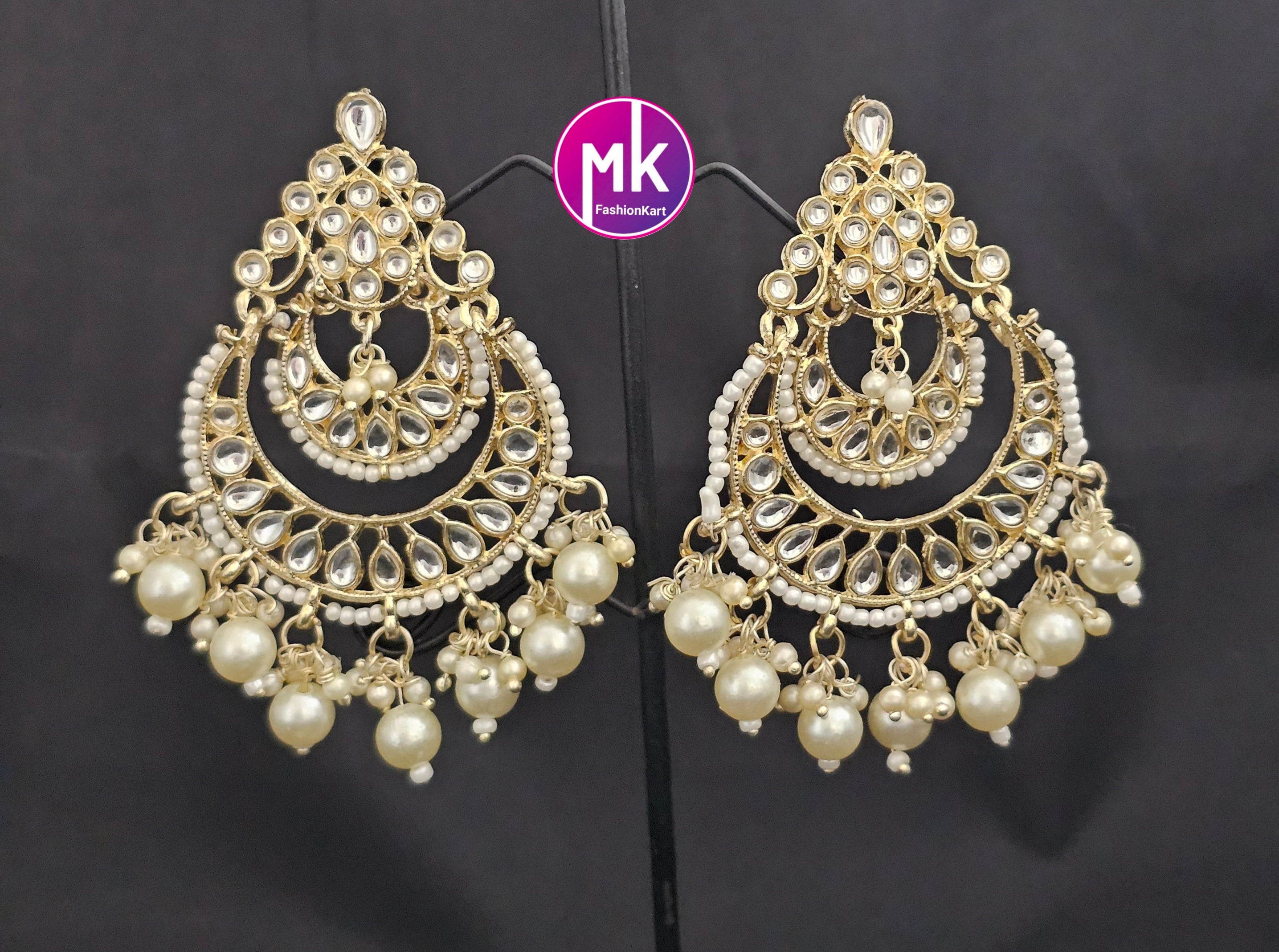 Bollywood gold finish kundan stone Big Chandbali Earrings with pearl hangings