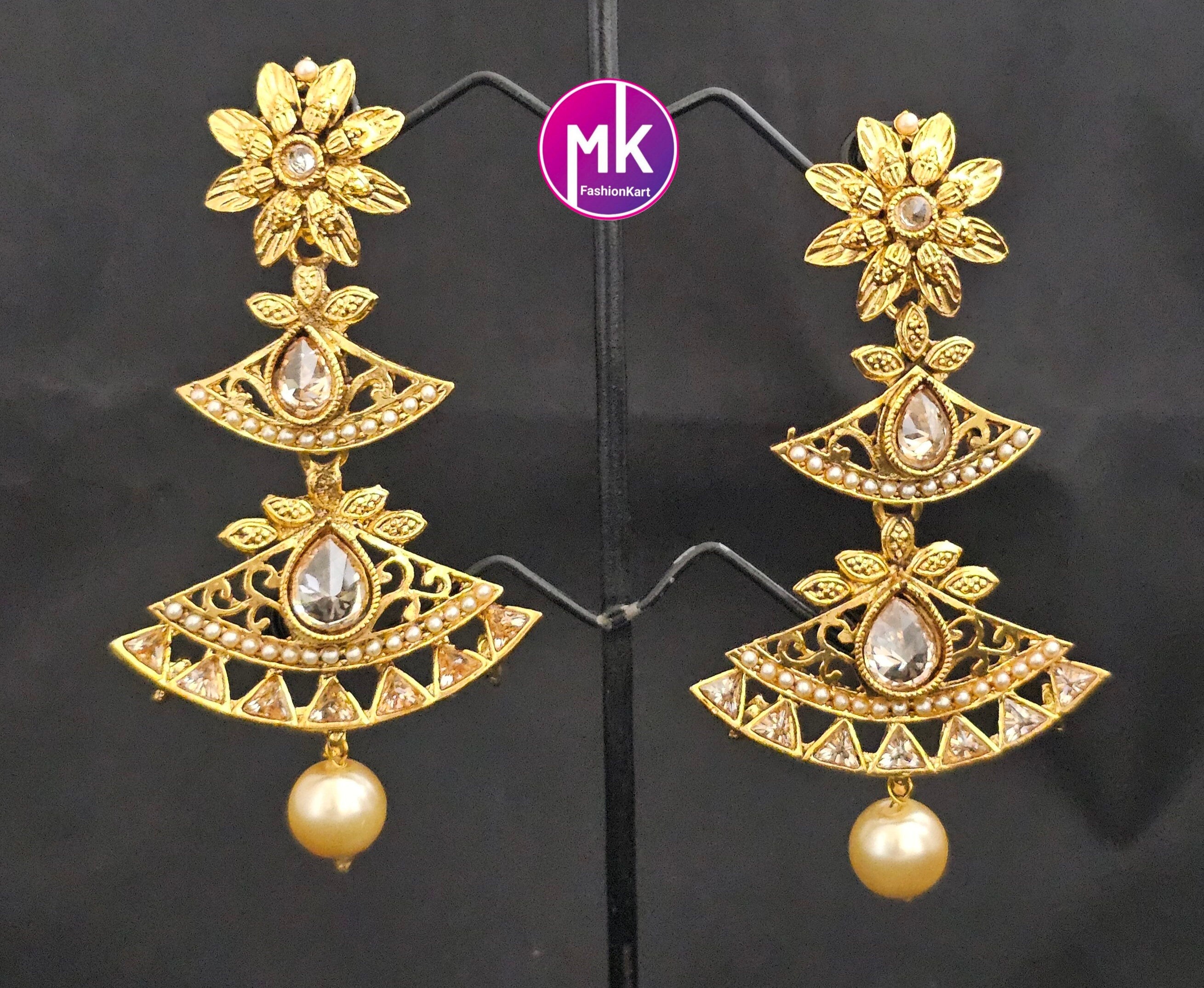 Flower design multi-layer Earrings with gold stone and hanging pearls