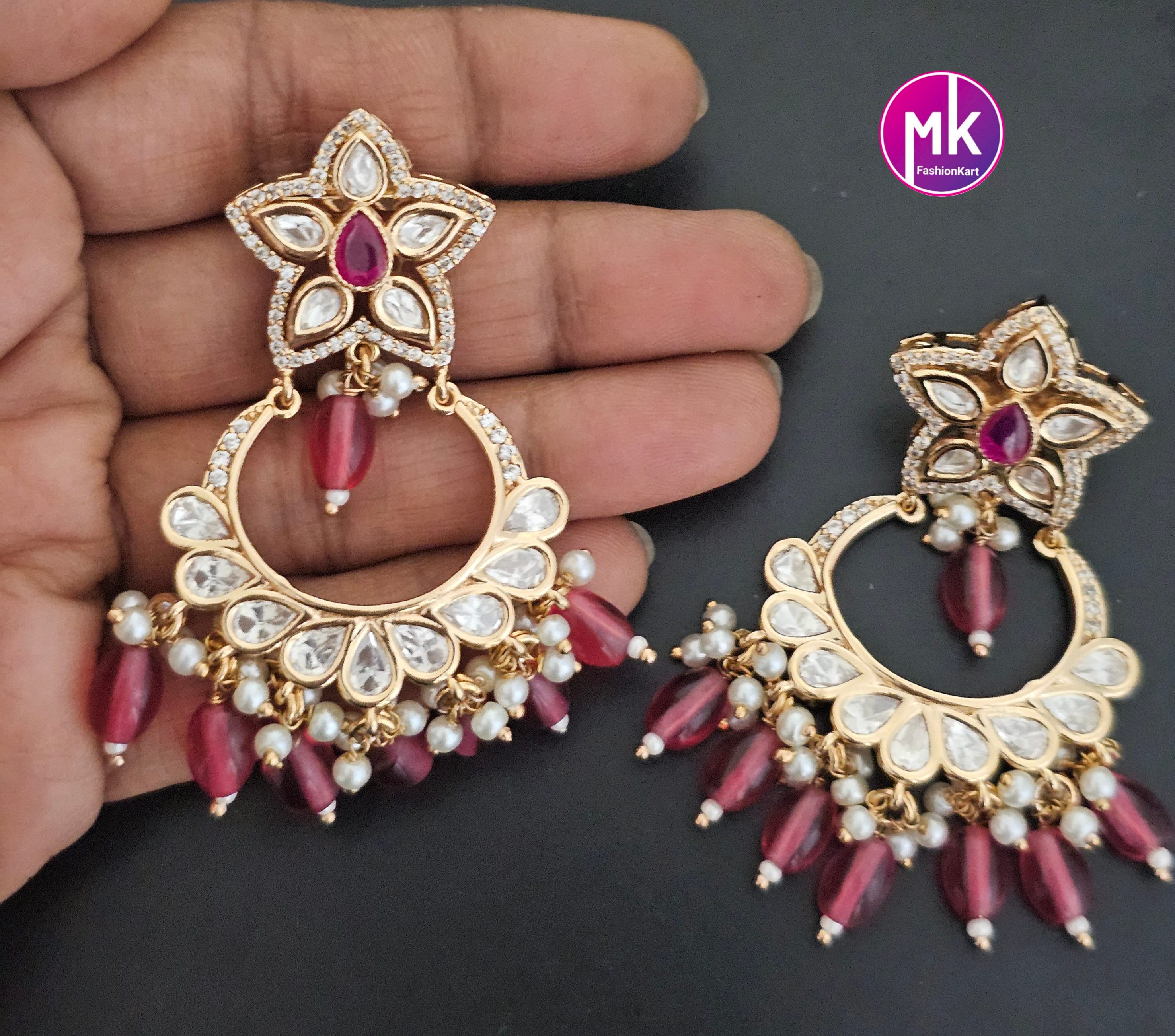 Bollywood Premium Quality Gold polish Kundan Polki Bridal chandbali type Earrings with strawberry bead hangings