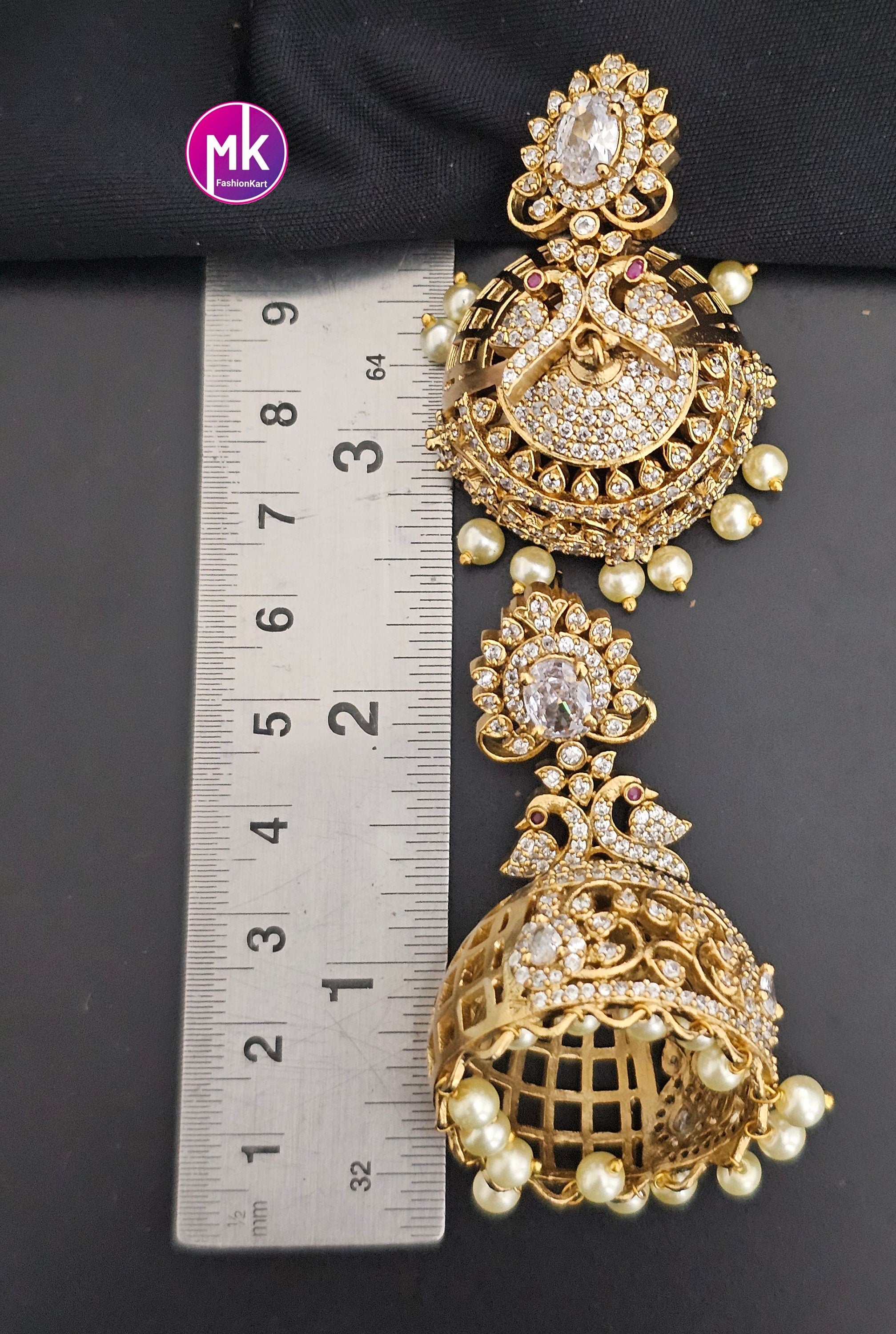 Premium Quality premium polish Big Jhumka with white cz stones and hangings pearls