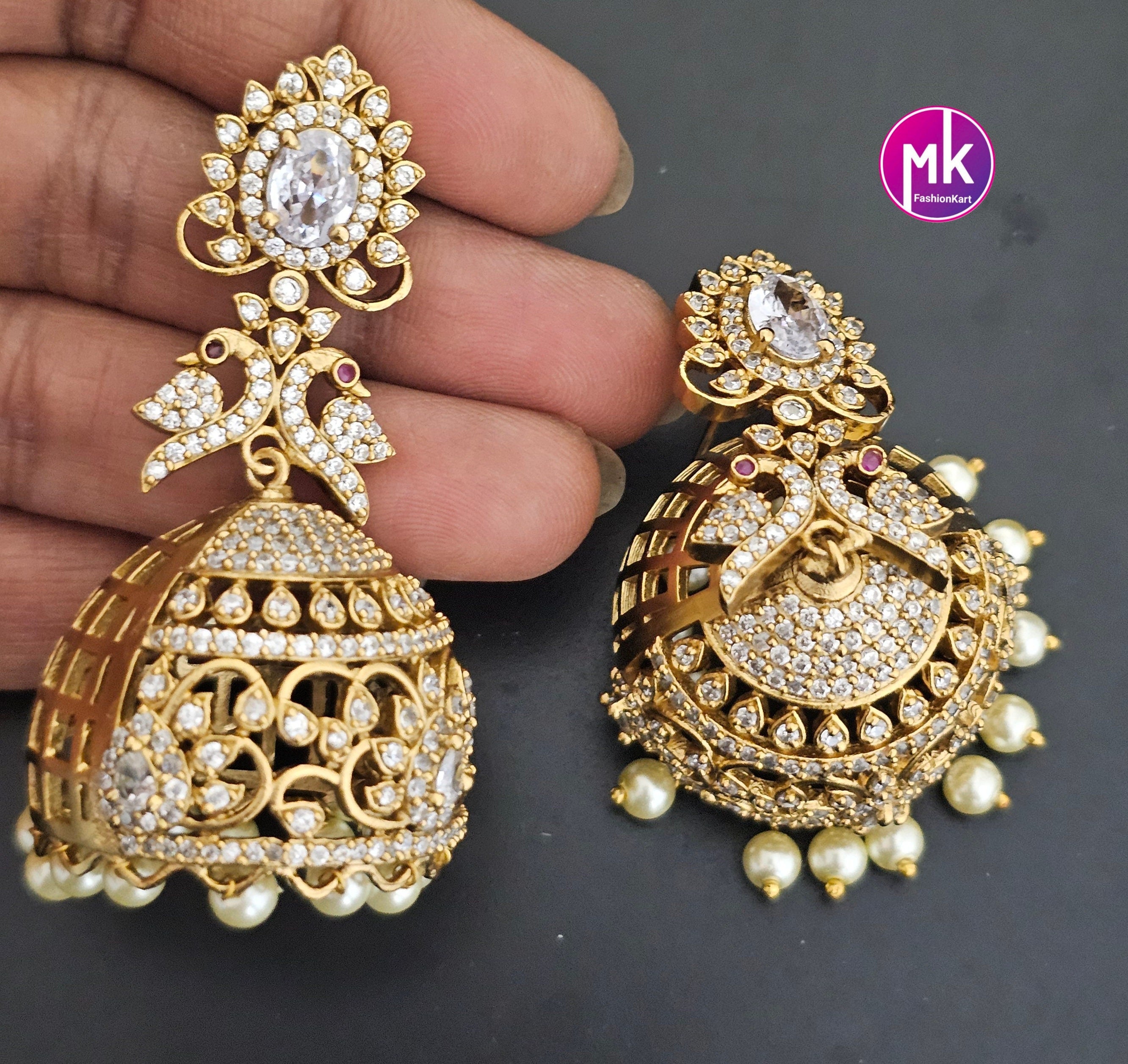 Premium Quality premium polish Big Jhumka with white cz stones and hangings pearls