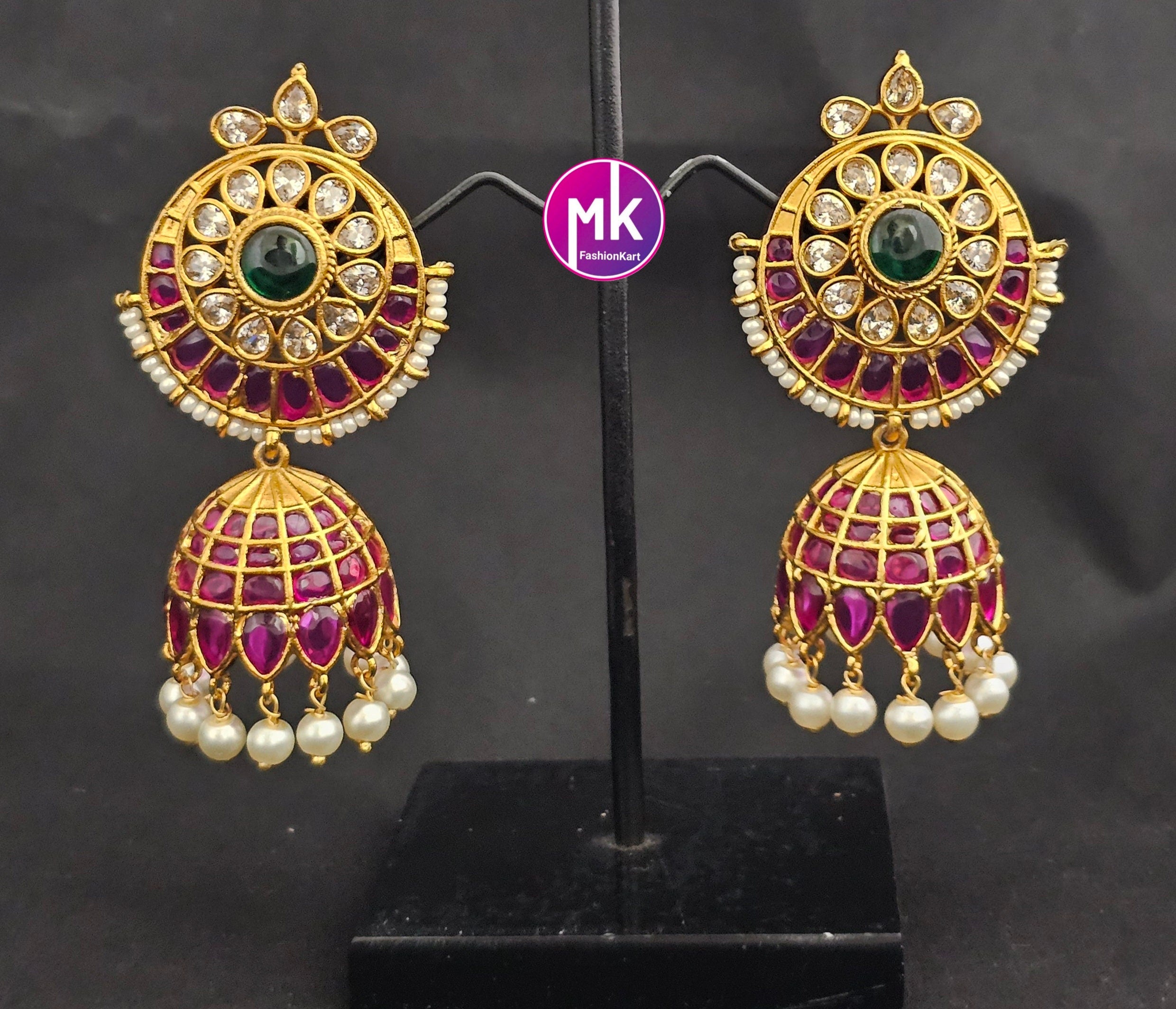 Kemp Stone  Premium Quality premium polish Big Jhumka with piroyi pearl and precious hangings
