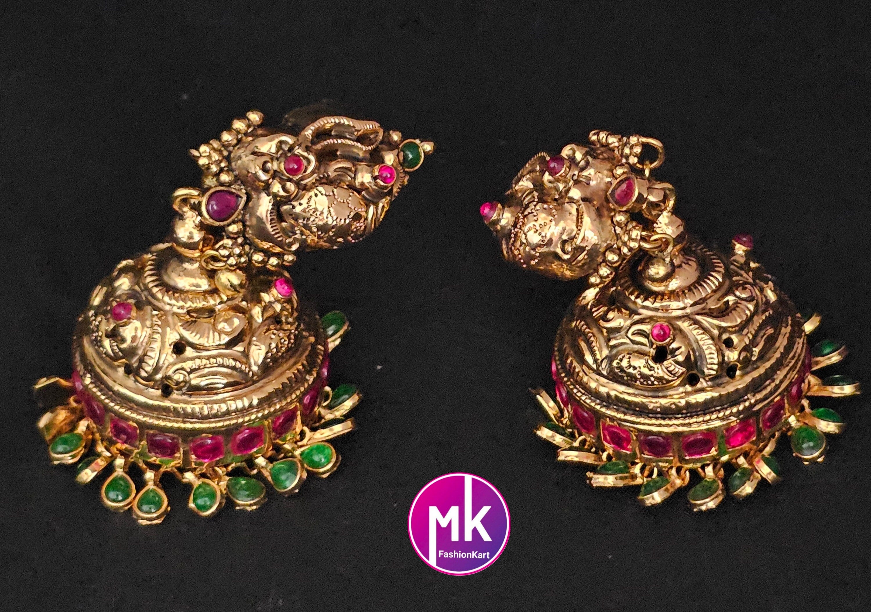PS 2 style Kemp stone peacock design Premium Quality premium polish Big Jhumka with hanging green stones