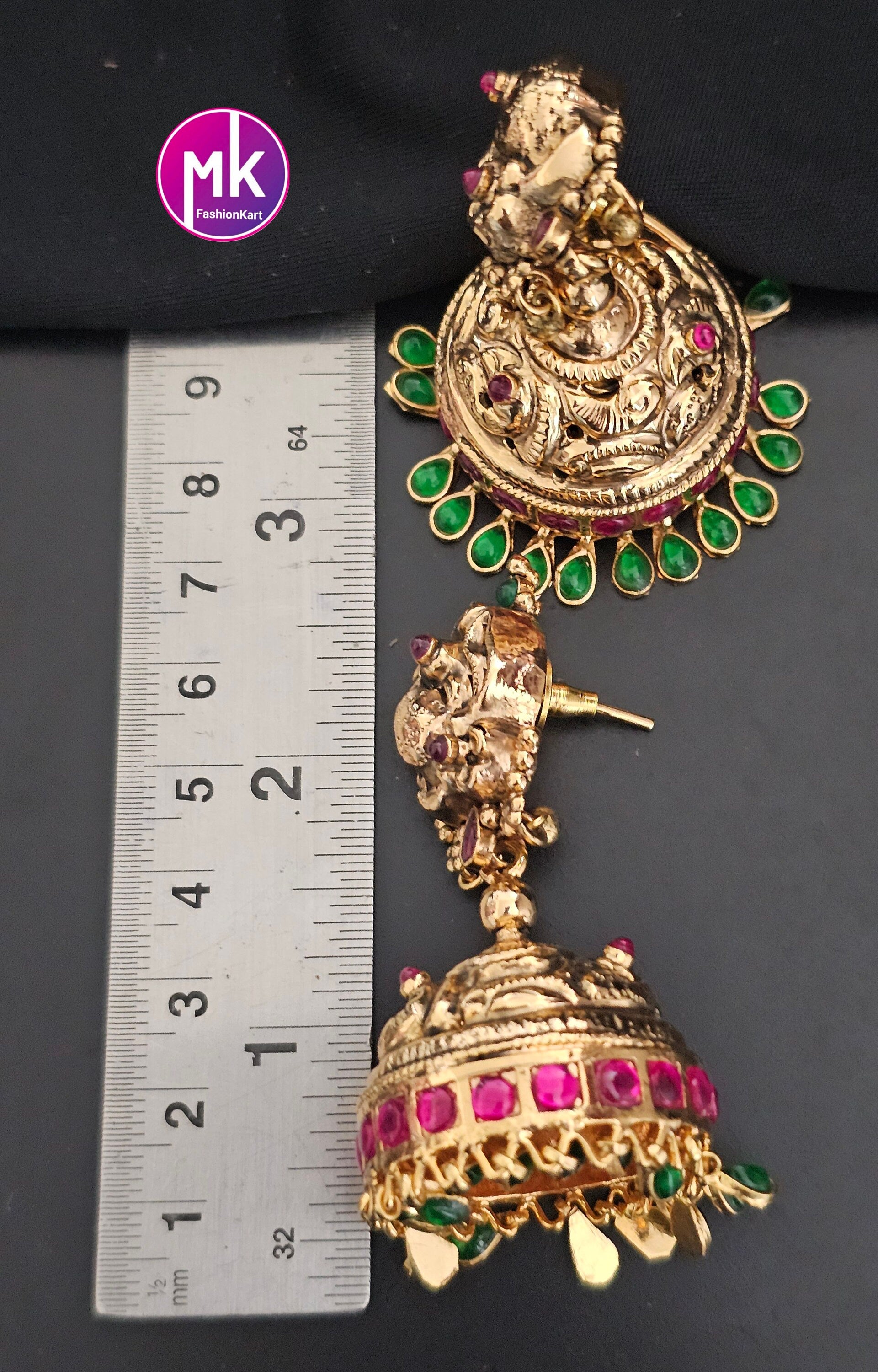 PS 2 style Kemp stone peacock design Premium Quality premium polish Big Jhumka with hanging green stones