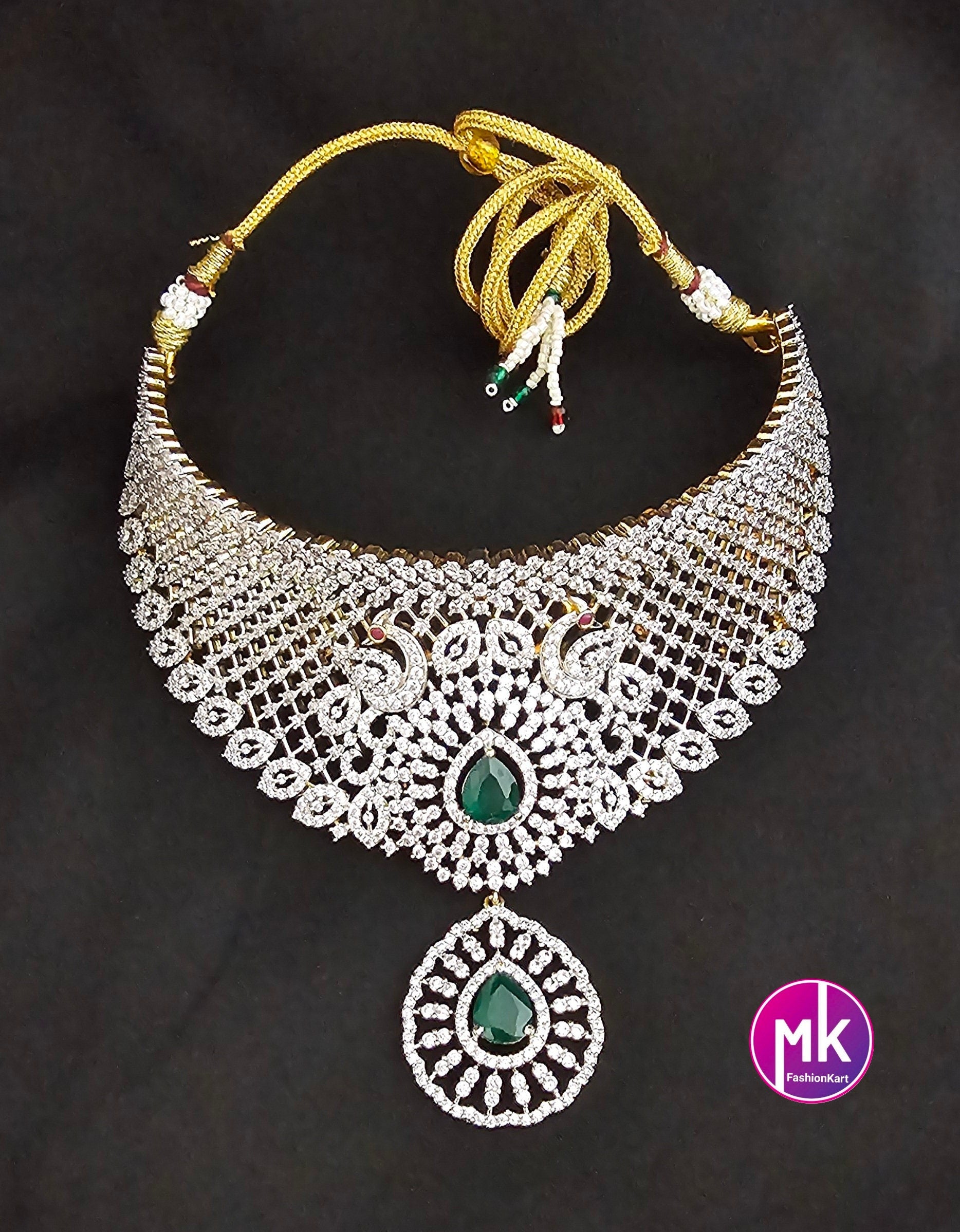 Premium Gold Finish Emerald Stone Bridal Beautiful Choker with pendent and matching Jhumkas - Gold Jewelry Replica
