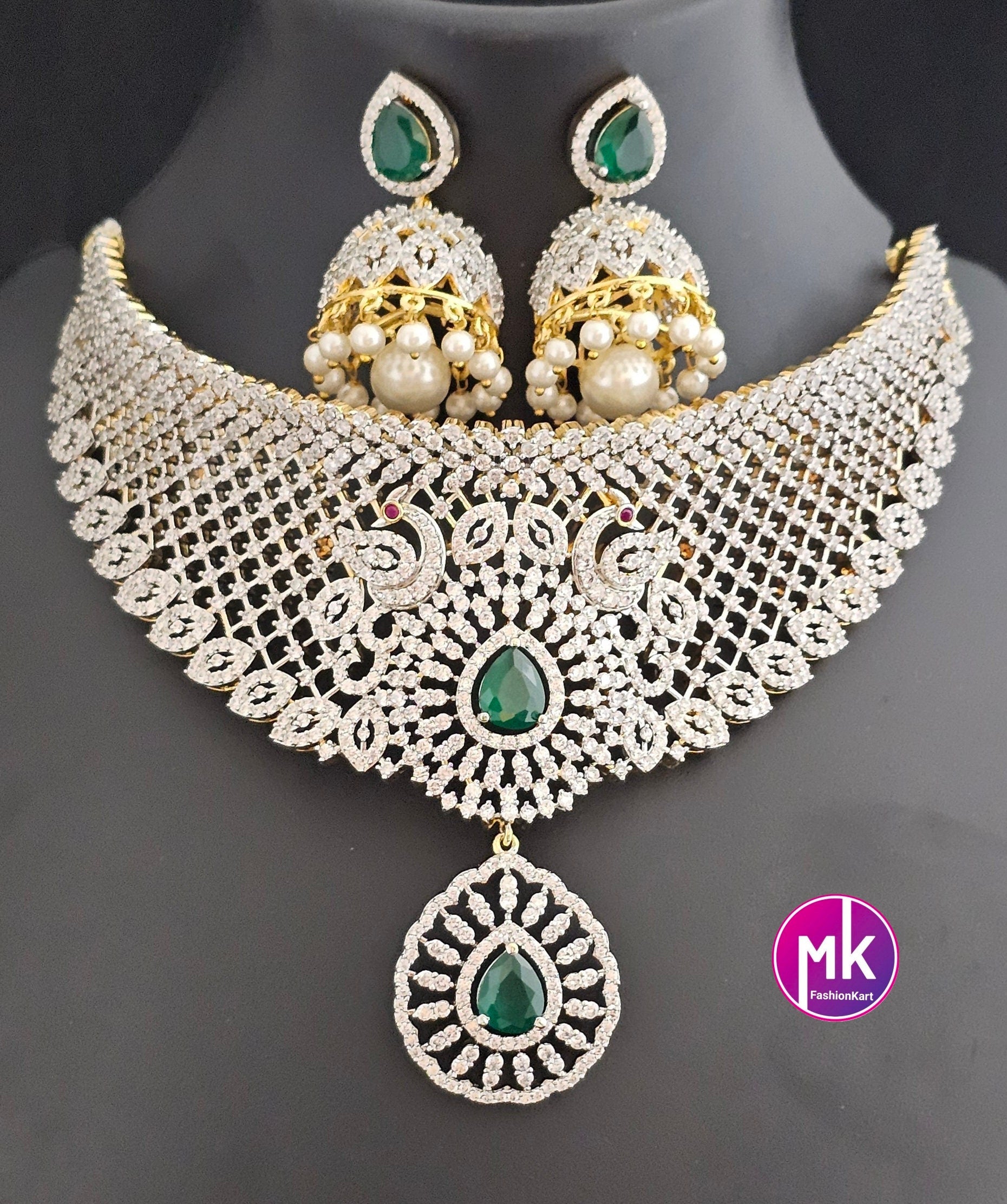 Premium Gold Finish Emerald Stone Bridal Beautiful Choker with pendent and matching Jhumkas - Gold Jewelry Replica