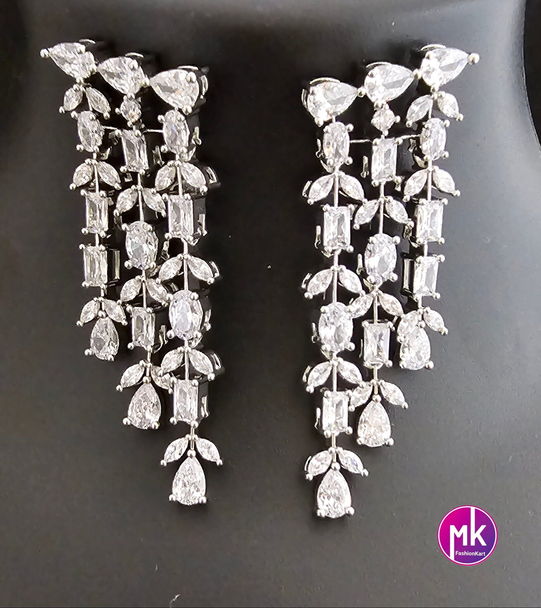 Gorgeous Silver Finish AD Stone Bridal Necklace with matching long Earrings - Prom Necklace -  Diamond Jewelry Replica