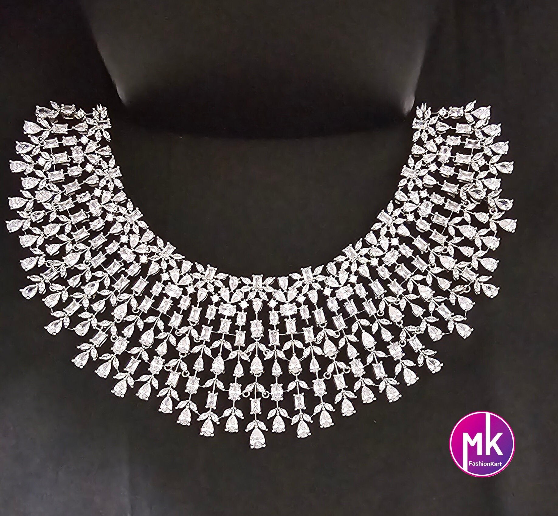 Gorgeous Silver Finish AD Stone Bridal Necklace with matching long Earrings - Prom Necklace -  Diamond Jewelry Replica