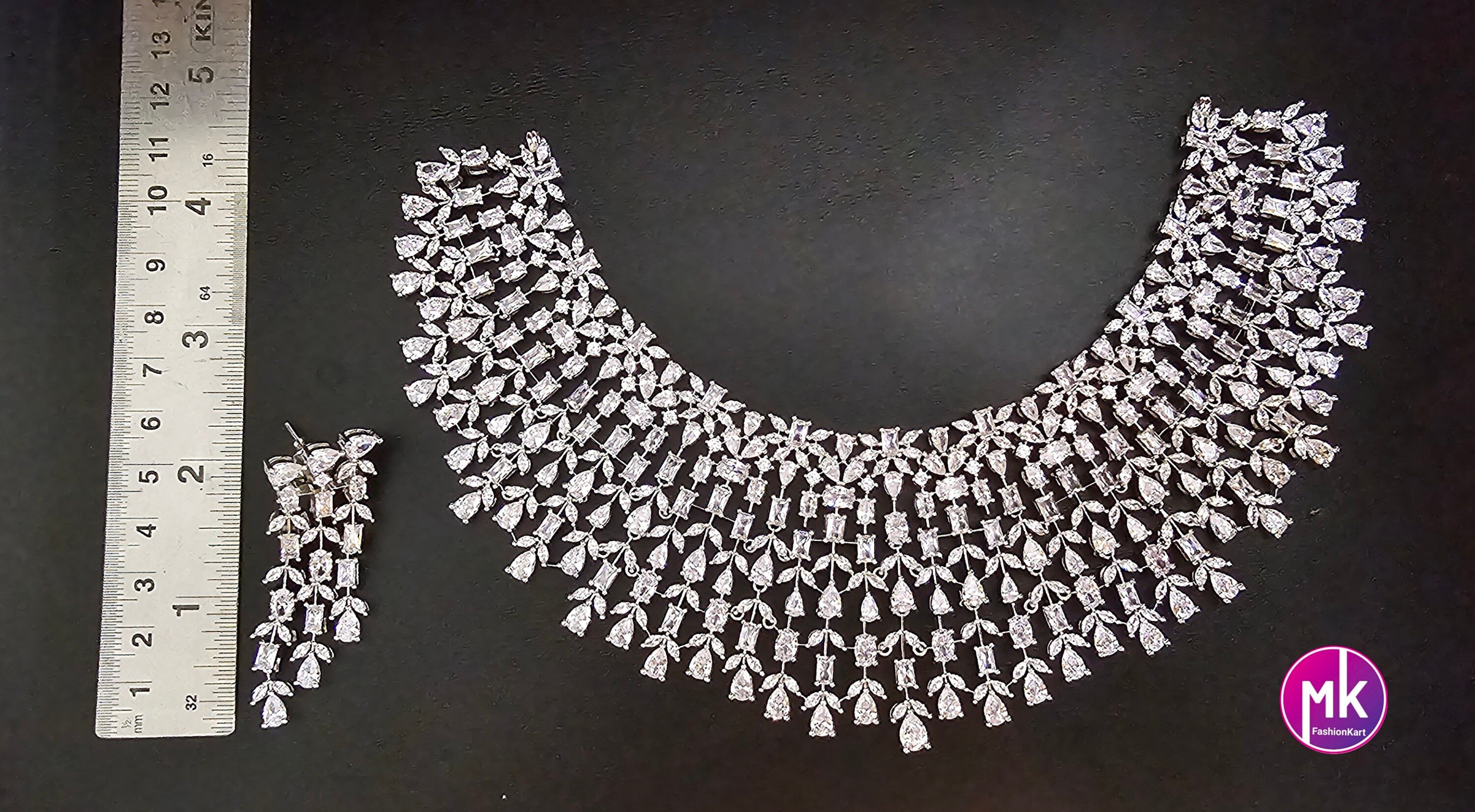 Gorgeous Silver Finish AD Stone Bridal Necklace with matching long Earrings - Prom Necklace -  Diamond Jewelry Replica