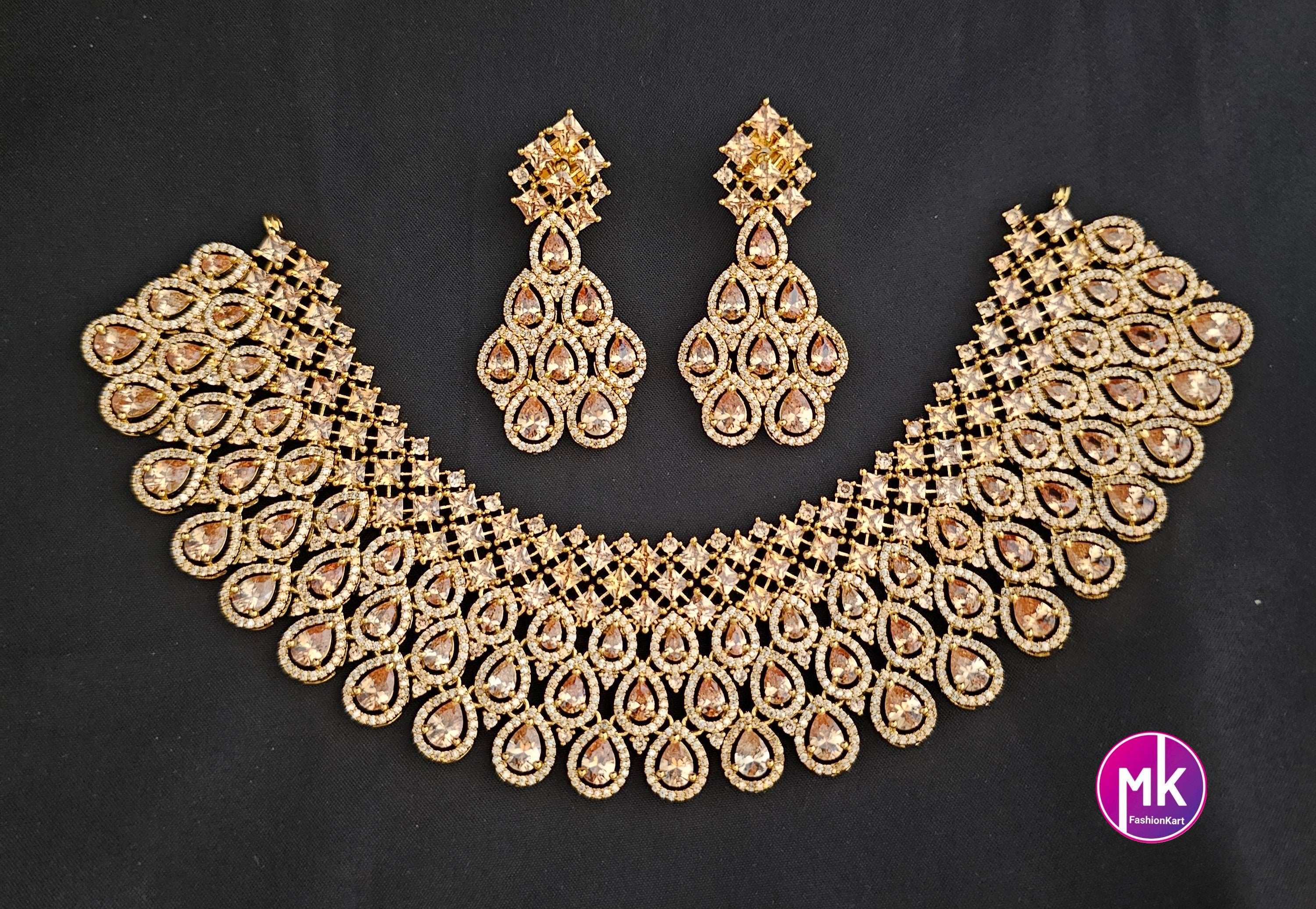 Premium Gold Finish AD Stone Bridal Necklace with AD Stone and matching Earrings - Prom Necklace - Gold Jewelry Replica