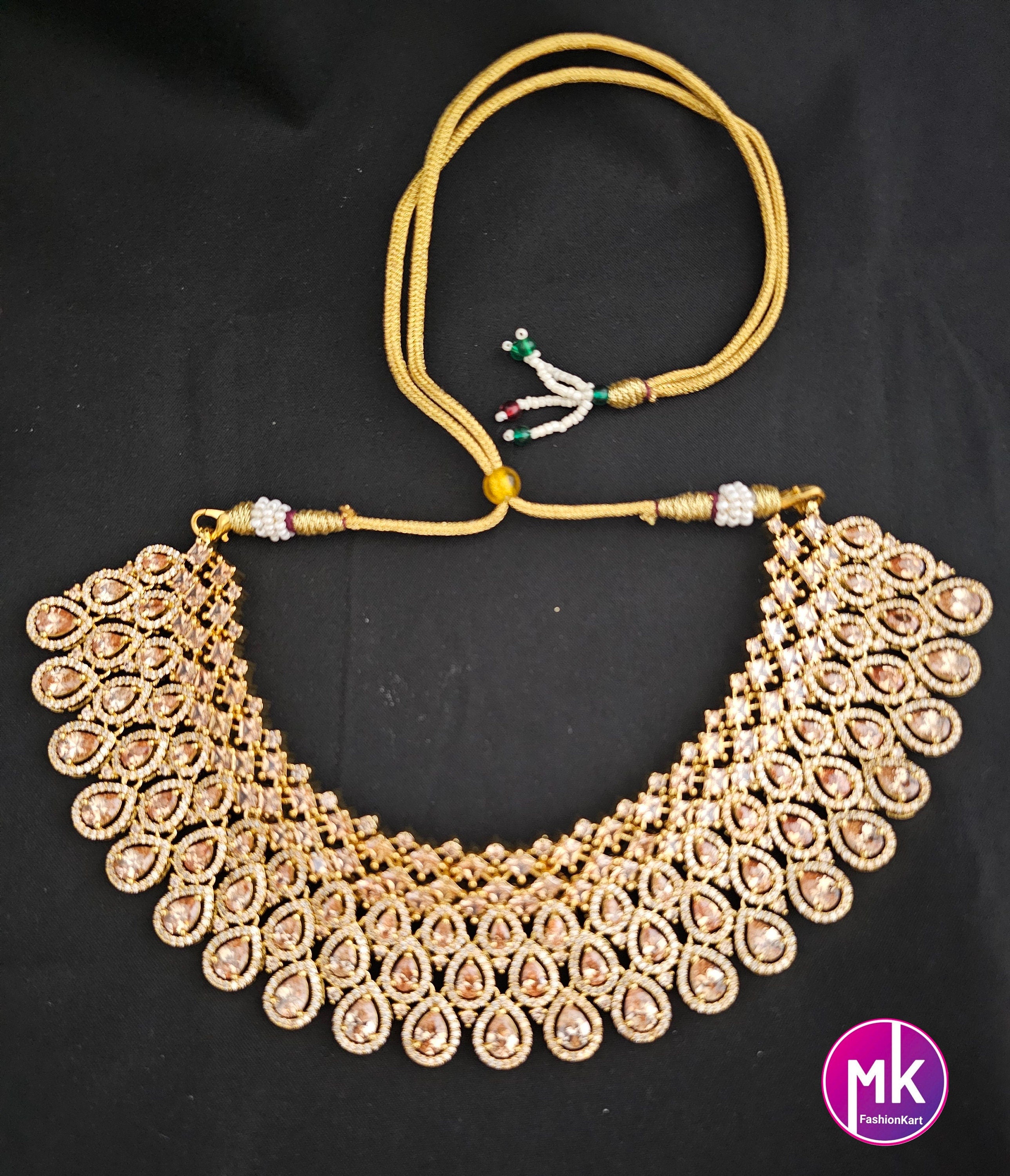 Premium Gold Finish AD Stone Bridal Necklace with AD Stone and matching Earrings - Prom Necklace - Gold Jewelry Replica