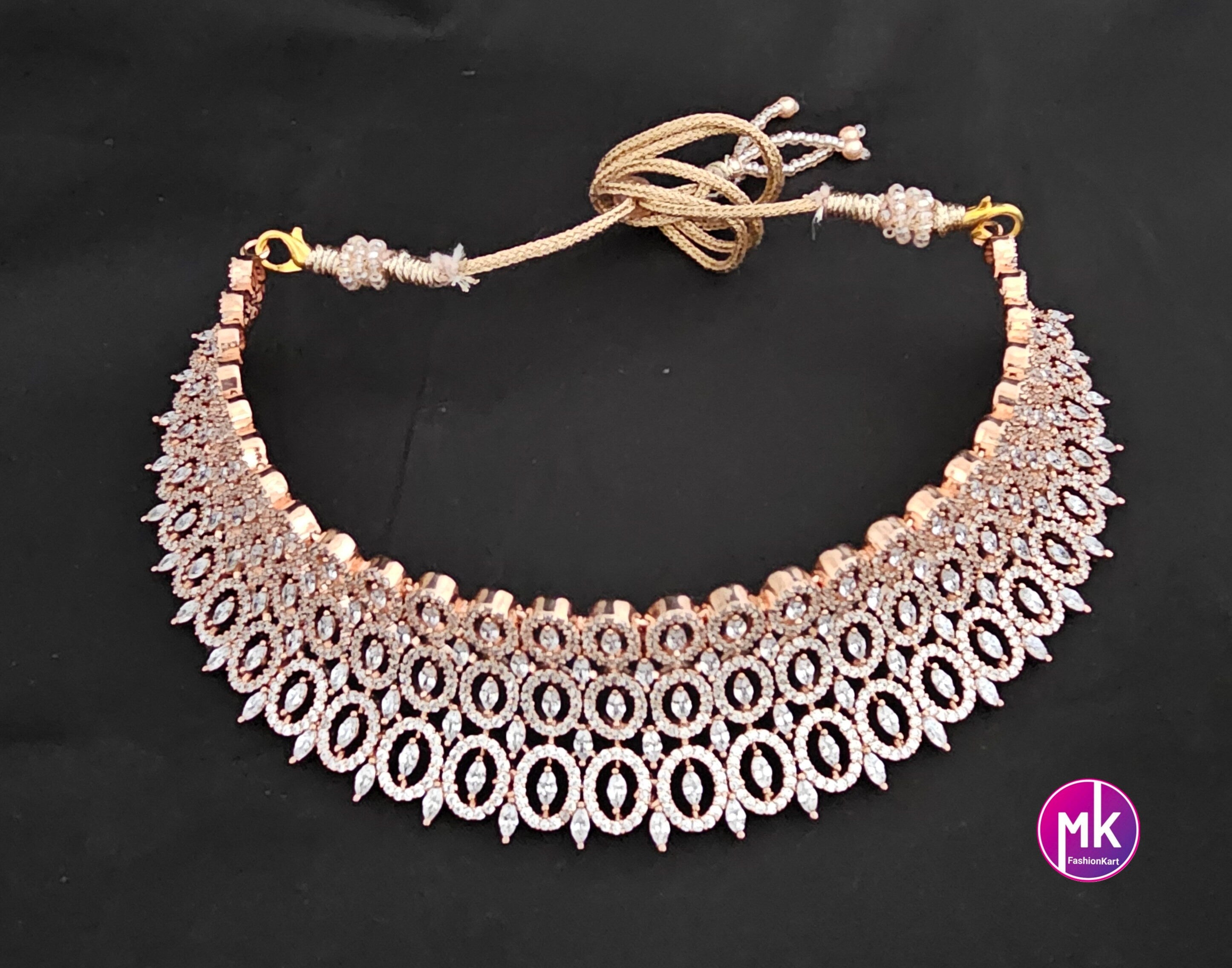 Rose gold Gorgeous AD Stone Bridal Choker and matching long Earrings - Prom Necklace -  Gold Replica