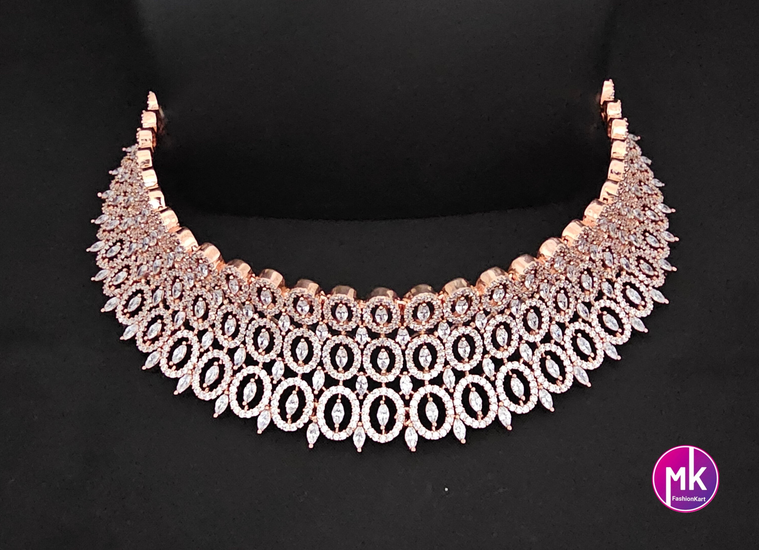 Rose gold Gorgeous AD Stone Bridal Choker and matching long Earrings - Prom Necklace -  Gold Replica
