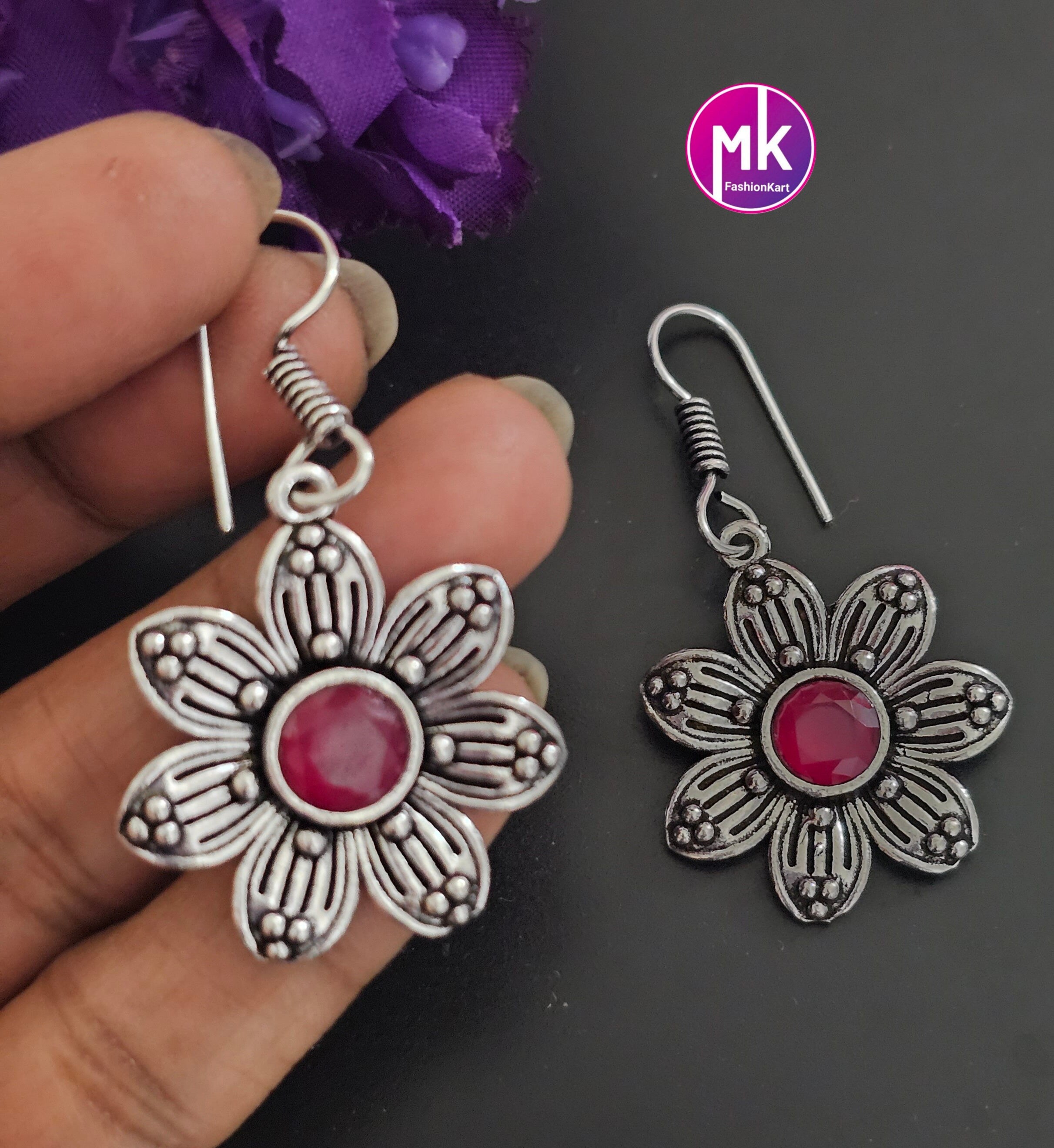 Silver Oxidized Flower Earrings/Jhumki Jhumka for Women and Girls