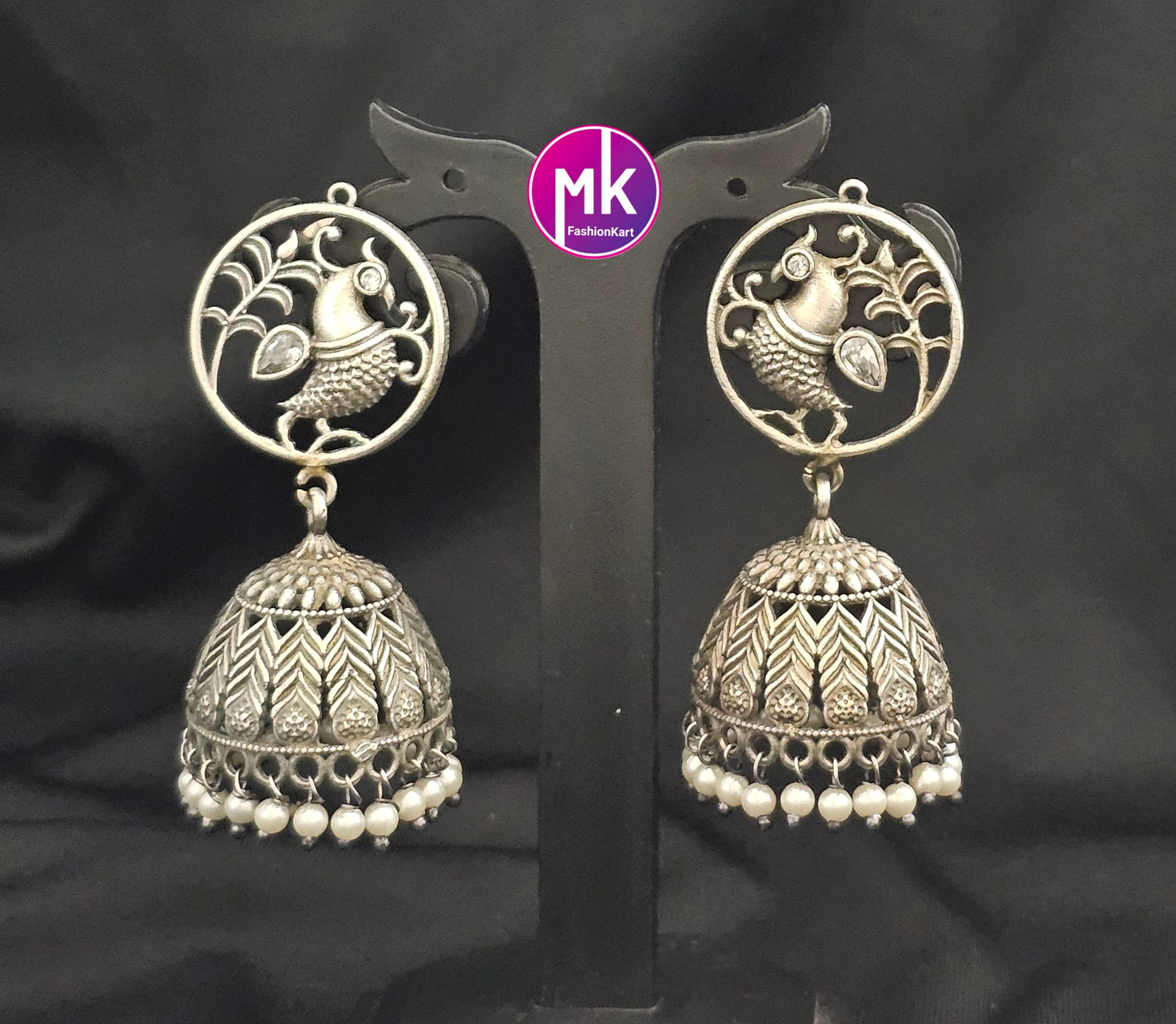 Premium Quality peacock German Silver Jhumka with hanging white pearls