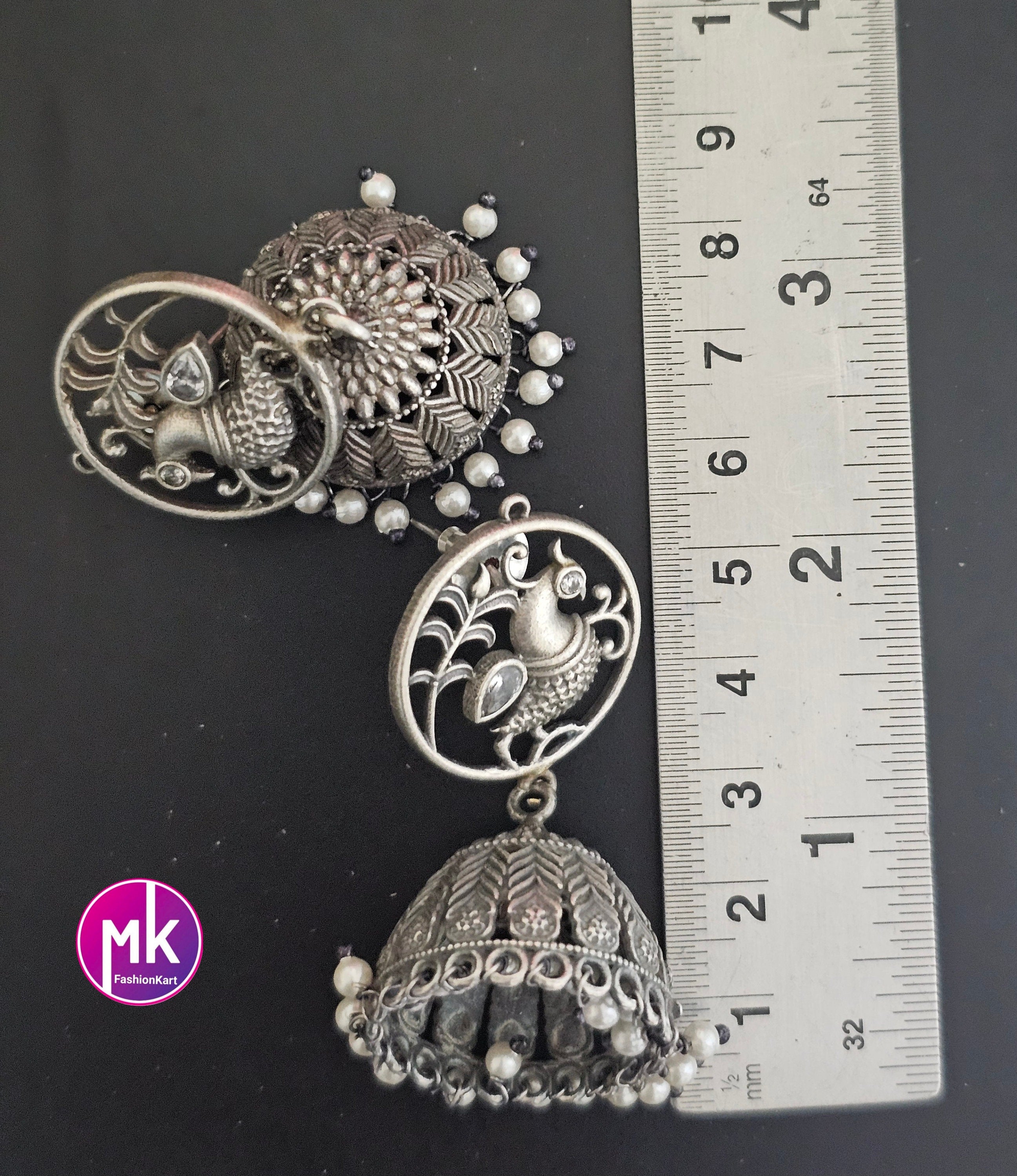 Premium Quality peacock German Silver Jhumka with hanging white pearls