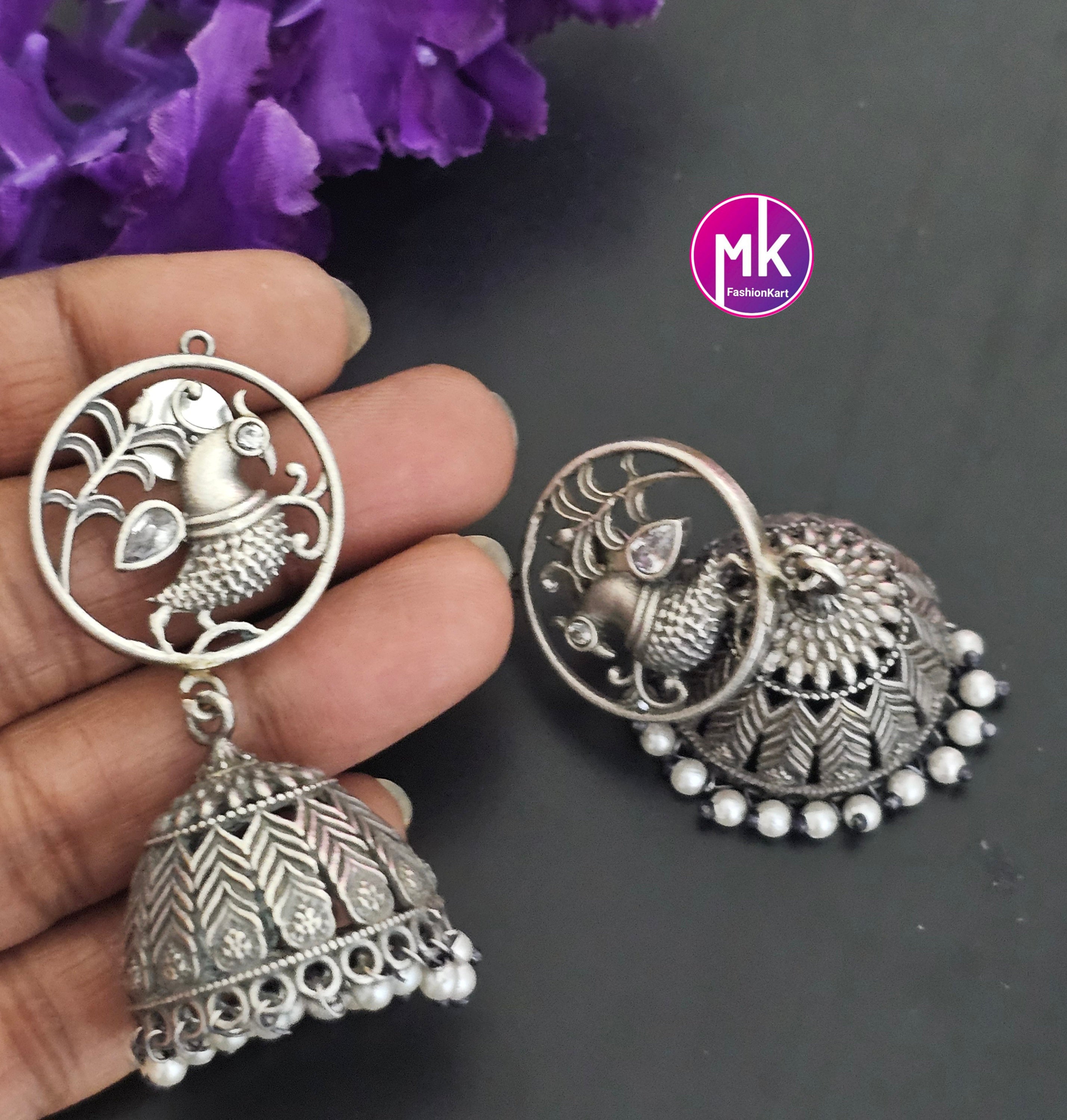 Premium Quality peacock German Silver Jhumka with hanging white pearls