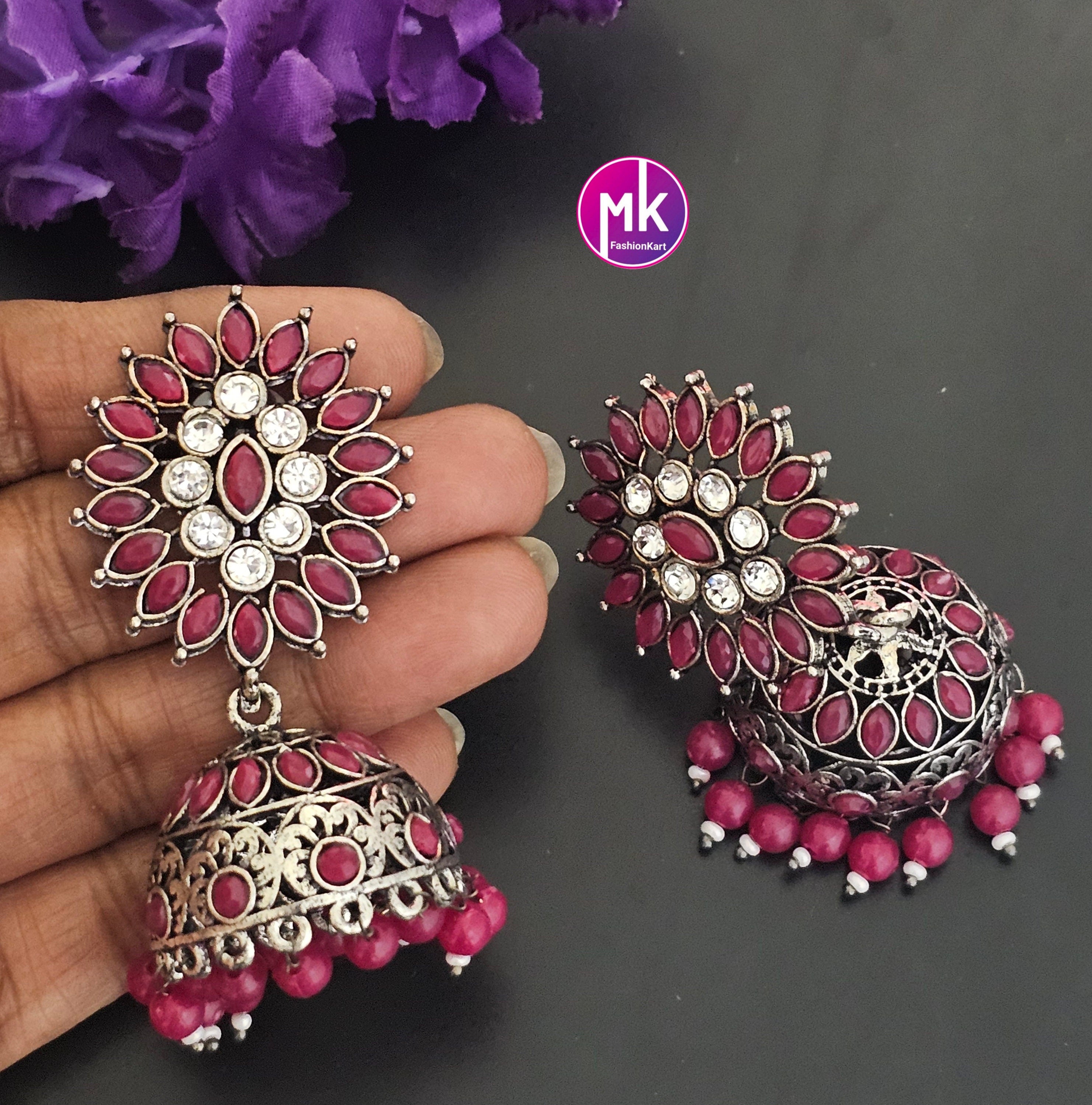 Silver Oxidized Dark pink with white stones Jhumka and hanging pink beads