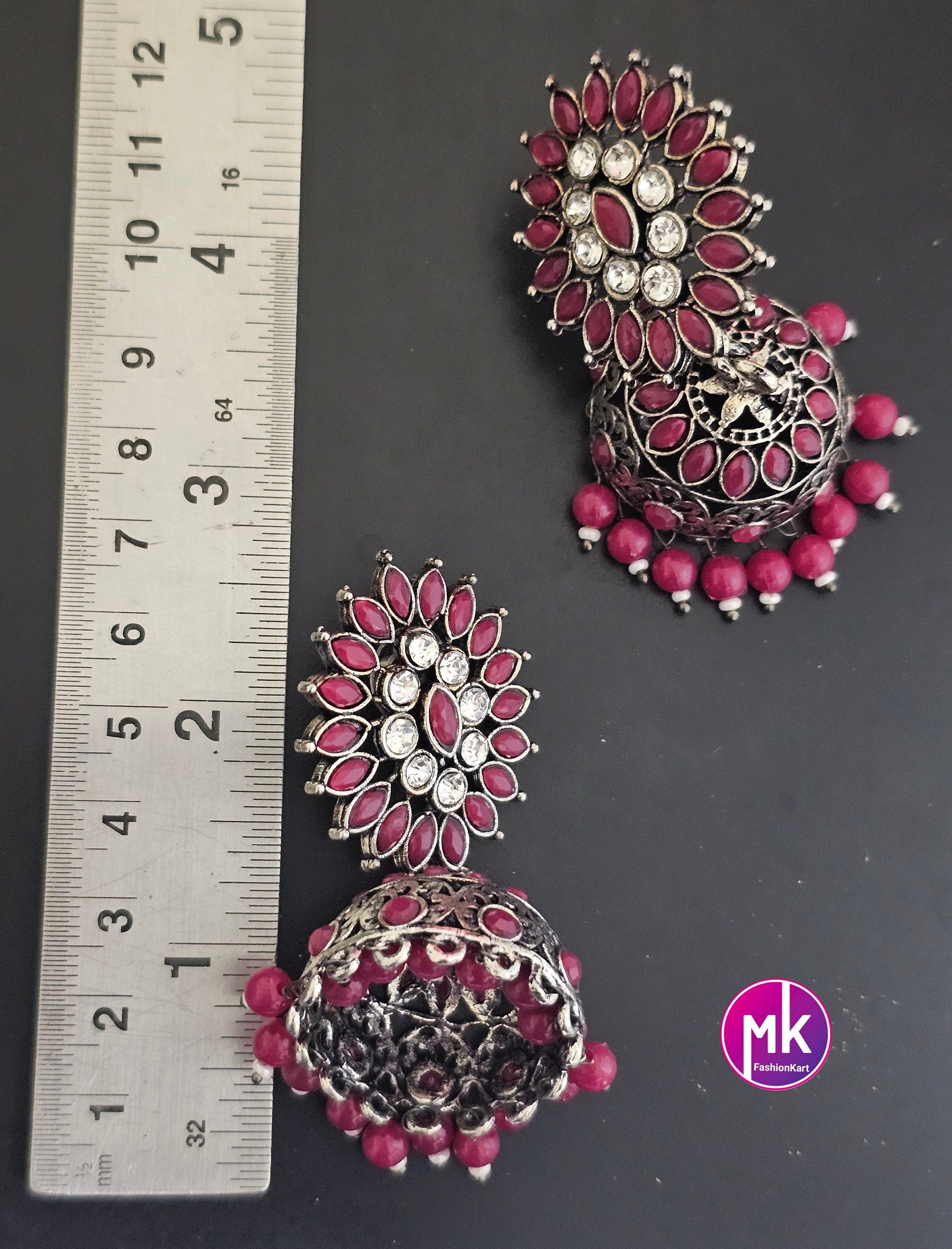 Silver Oxidized Dark pink with white stones Jhumka and hanging pink beads