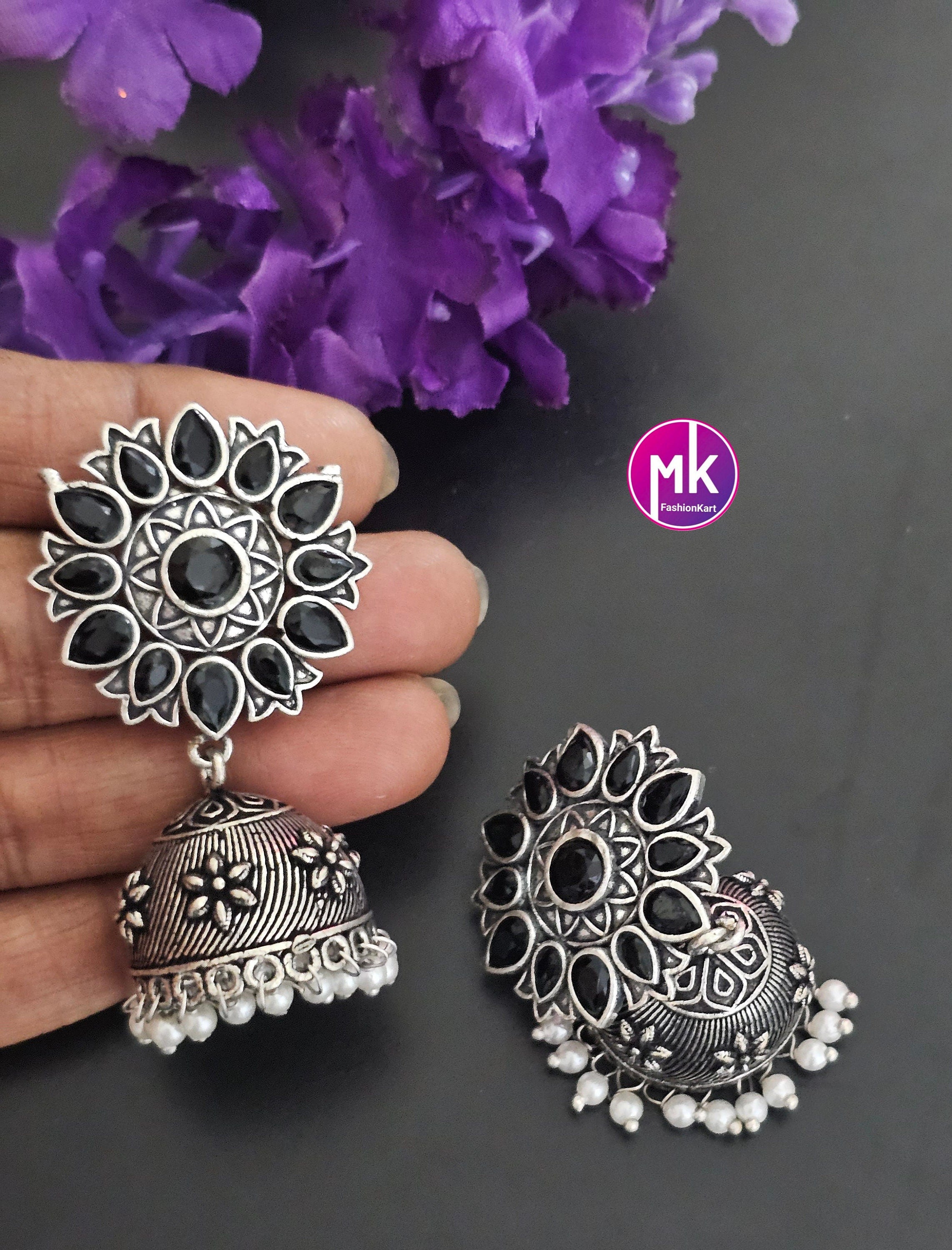 Silver Oxidized Black stones Jhumka with hanging black beads